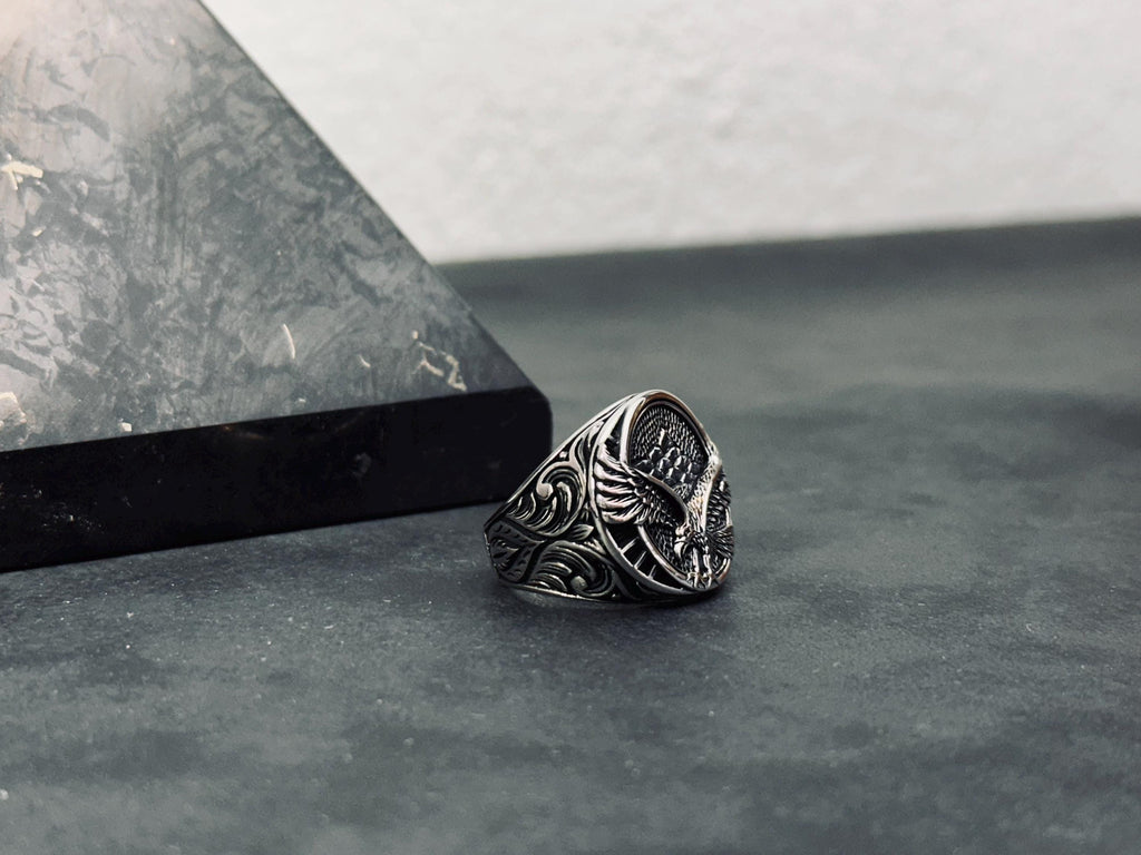 Oxidized Sterling Silver Eagle Ring: Handmade Engraved Design