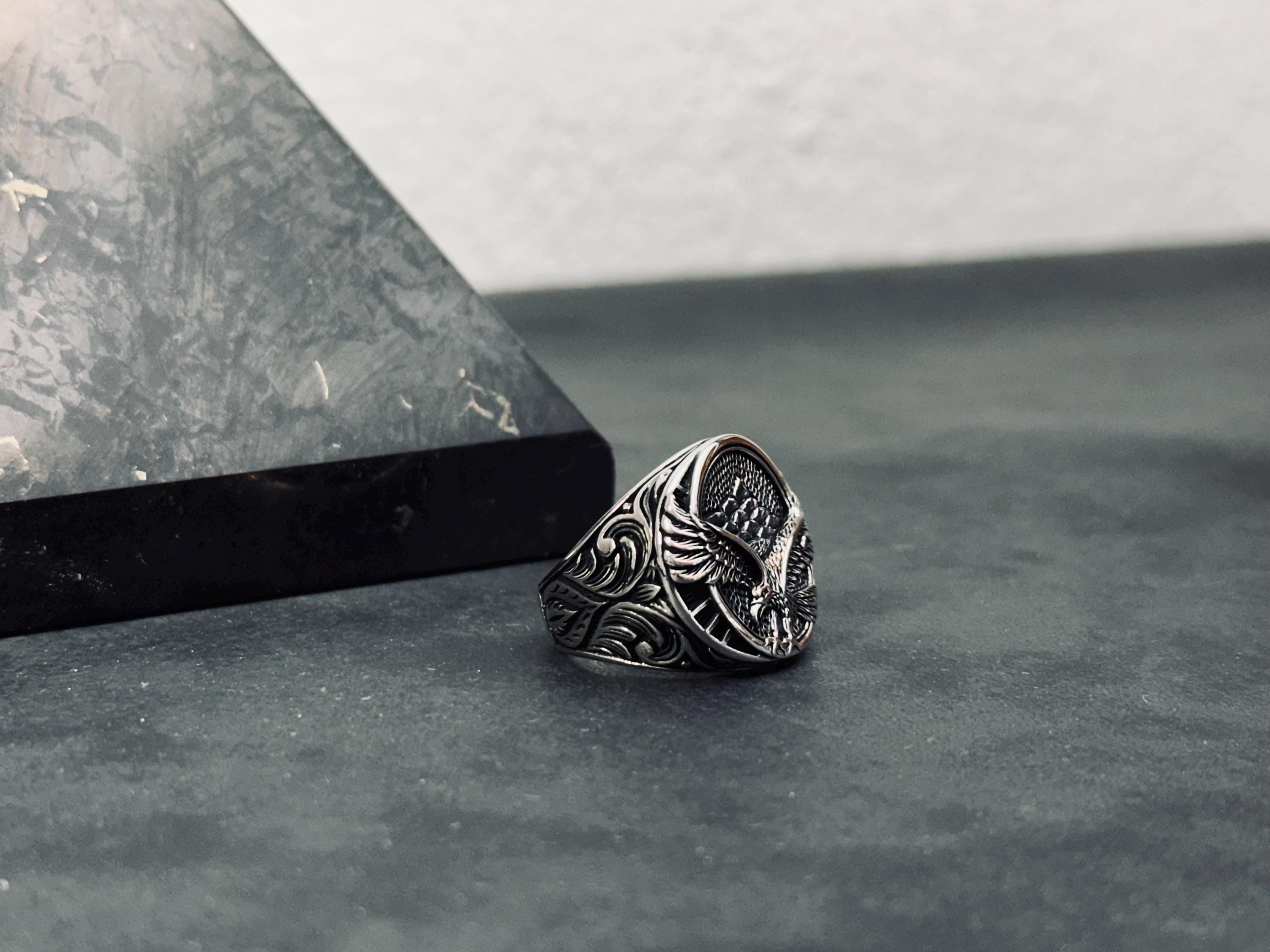 Oxidized Sterling Silver Eagle Ring: Handmade Engraved Design