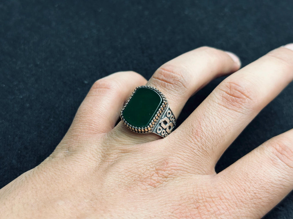 Turkish Sterling Silver Men's Ring, Emerald Agate Square (Vintage Style)