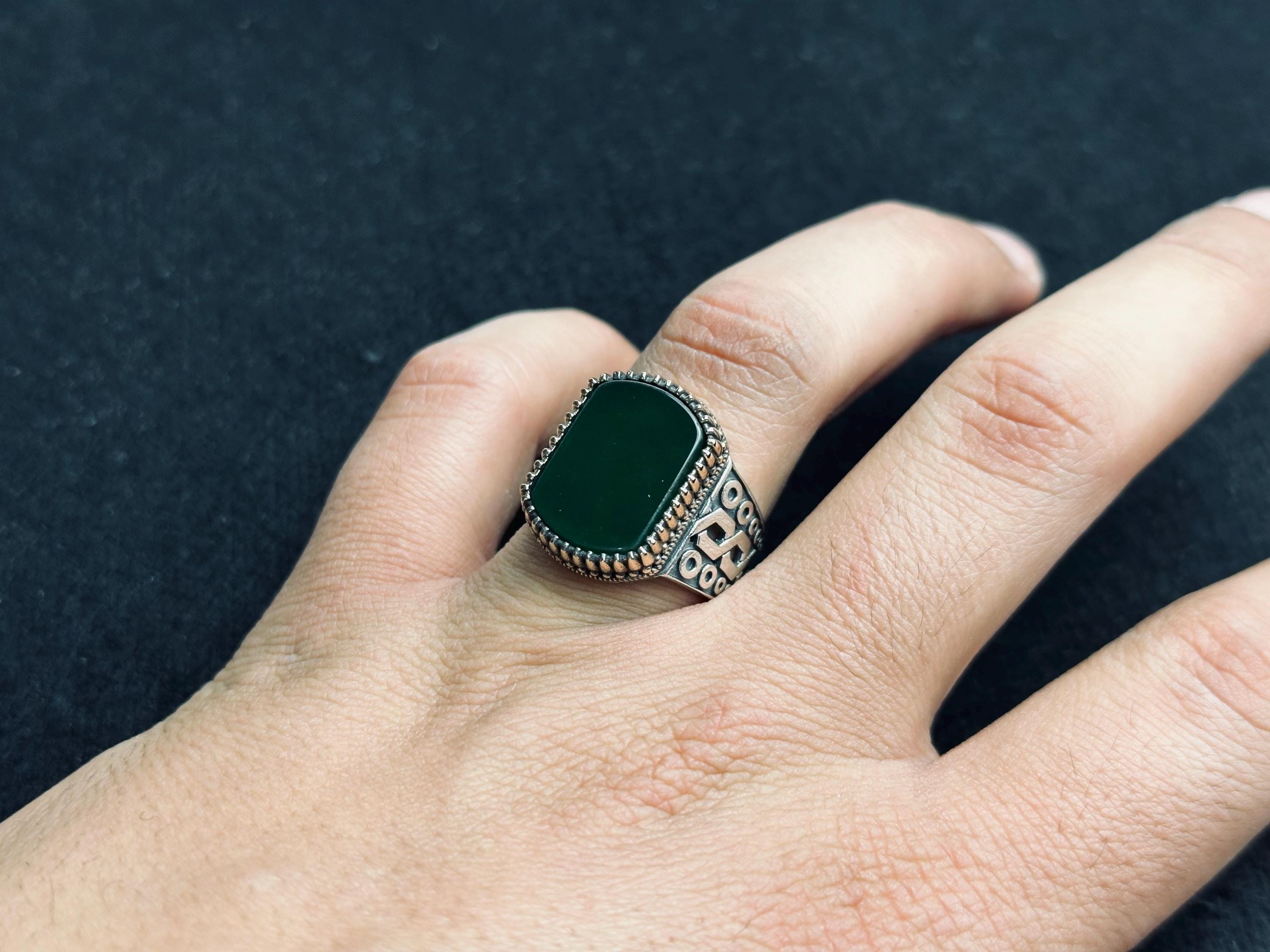 Turkish Sterling Silver Men's Ring, Emerald Agate Square (Vintage Style)