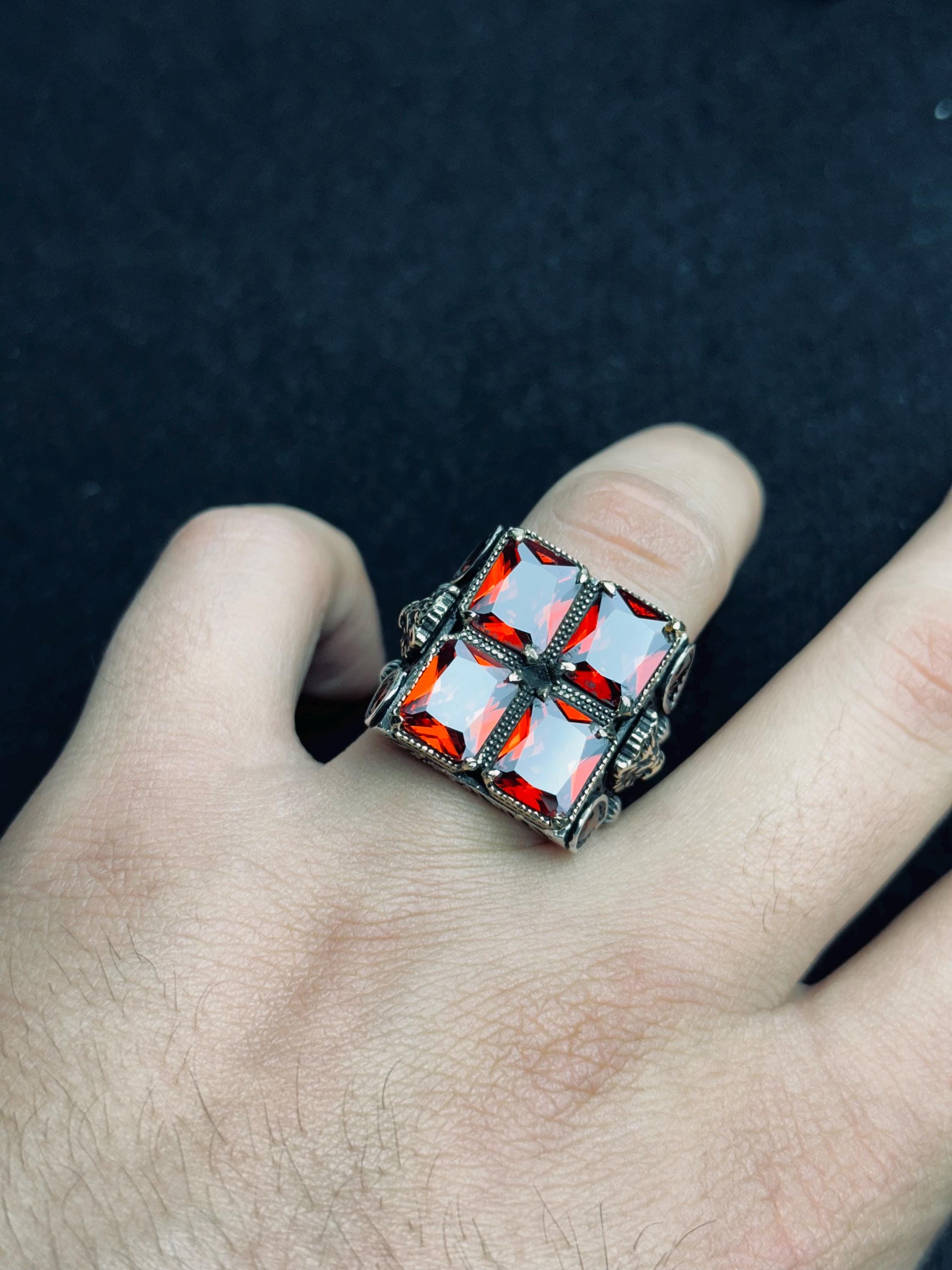 Men’s Ruby Ring, Sterling Silver, Bold Square Red Gemstone (Handmade)