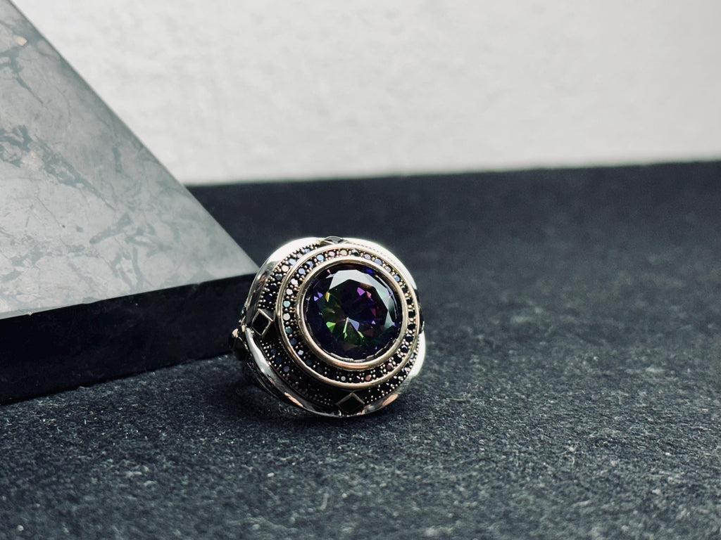 Mystic Topaz Men's Ring: Handmade Sterling Silver, Turkish Gemstone