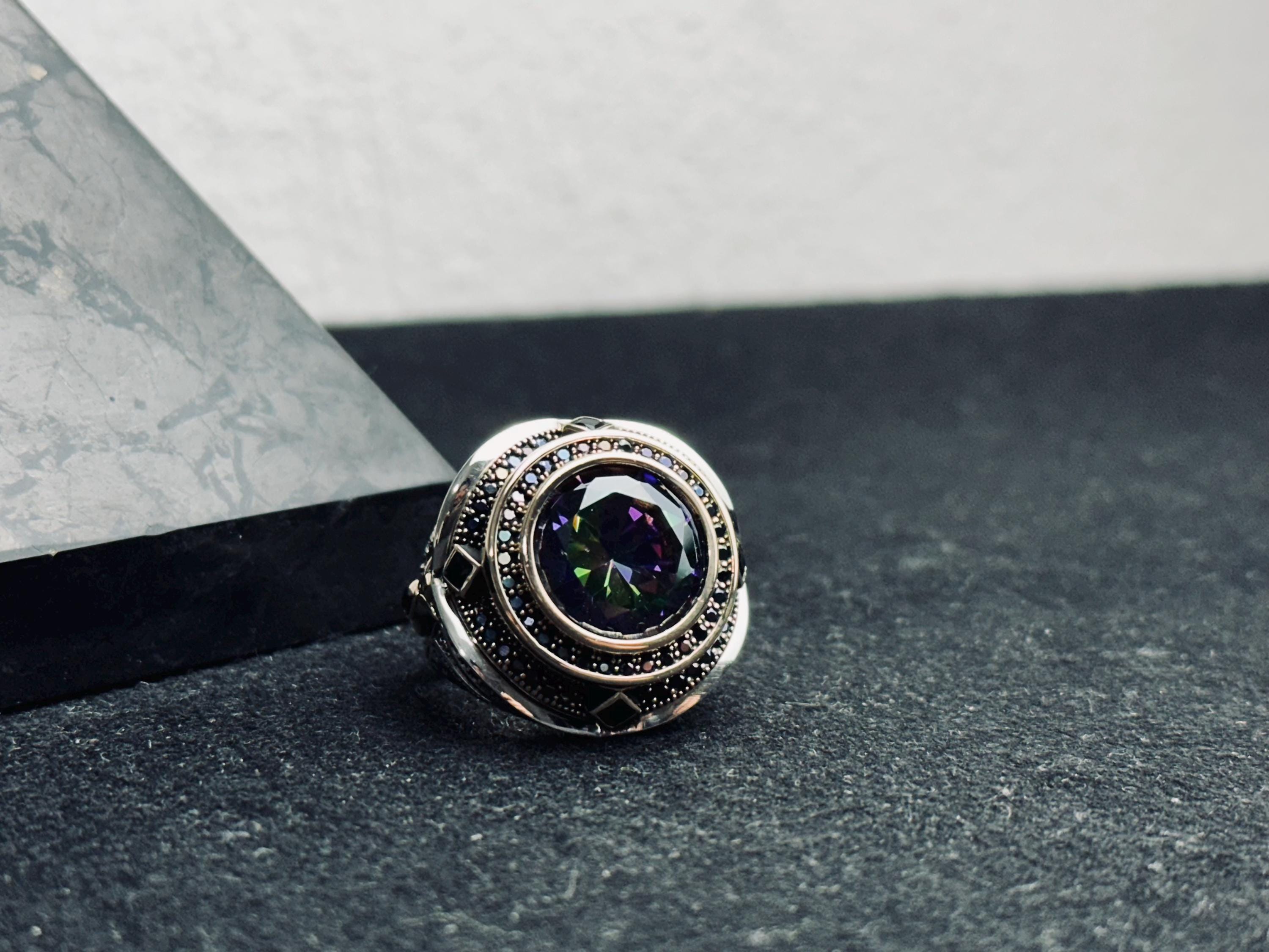 Mystic Topaz Men's Ring: Handmade Sterling Silver, Turkish Gemstone