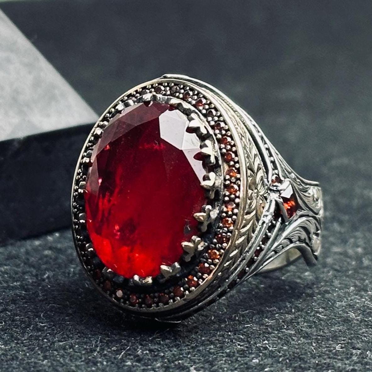Men's Sterling Silver Ring, Oval Red Ruby (Handmade Statement)