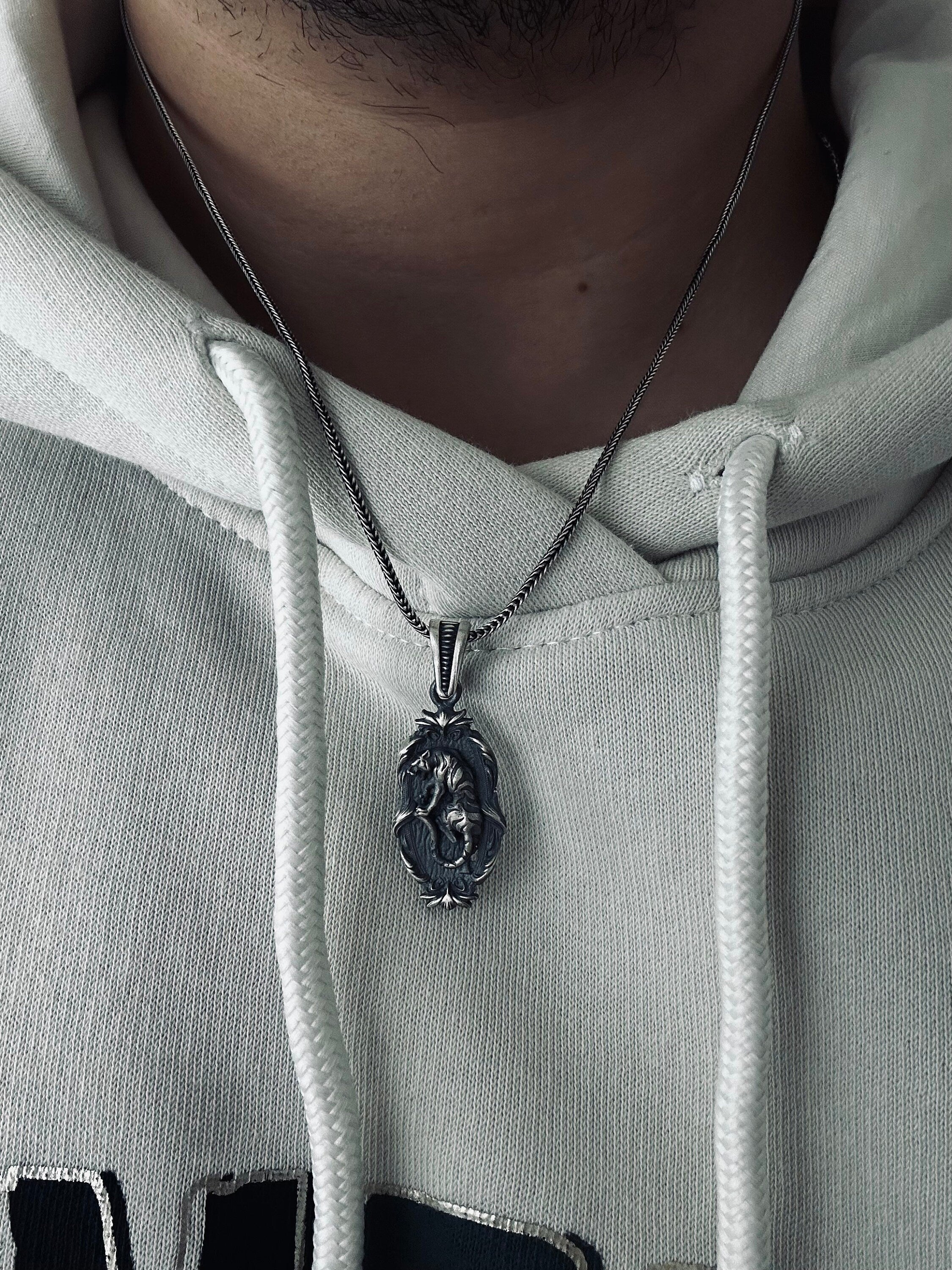 Jaguar Pendant Necklace: Silver with Embroidery (Multiple Chain Lengths)