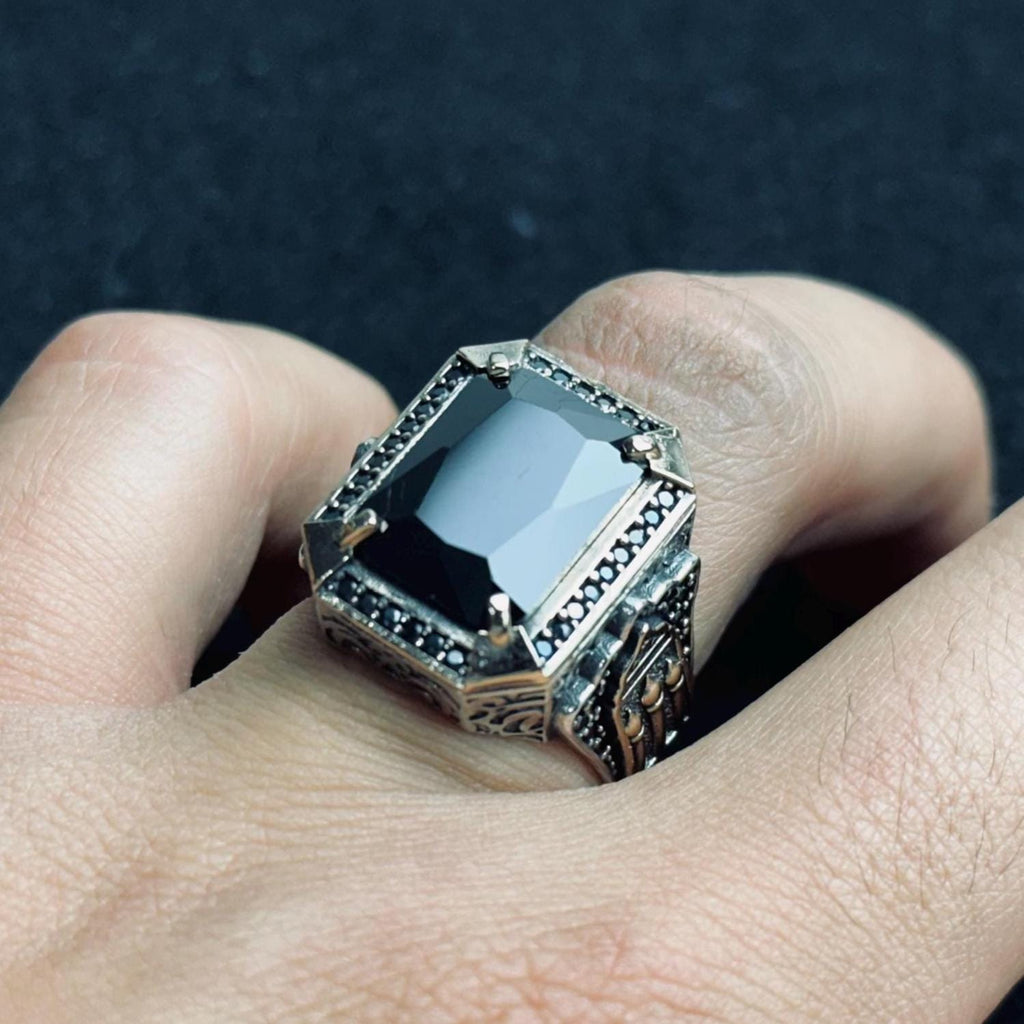 Men's Oxidized Silver Signet Ring, Black Zircon (Handmade 925 Sterling)