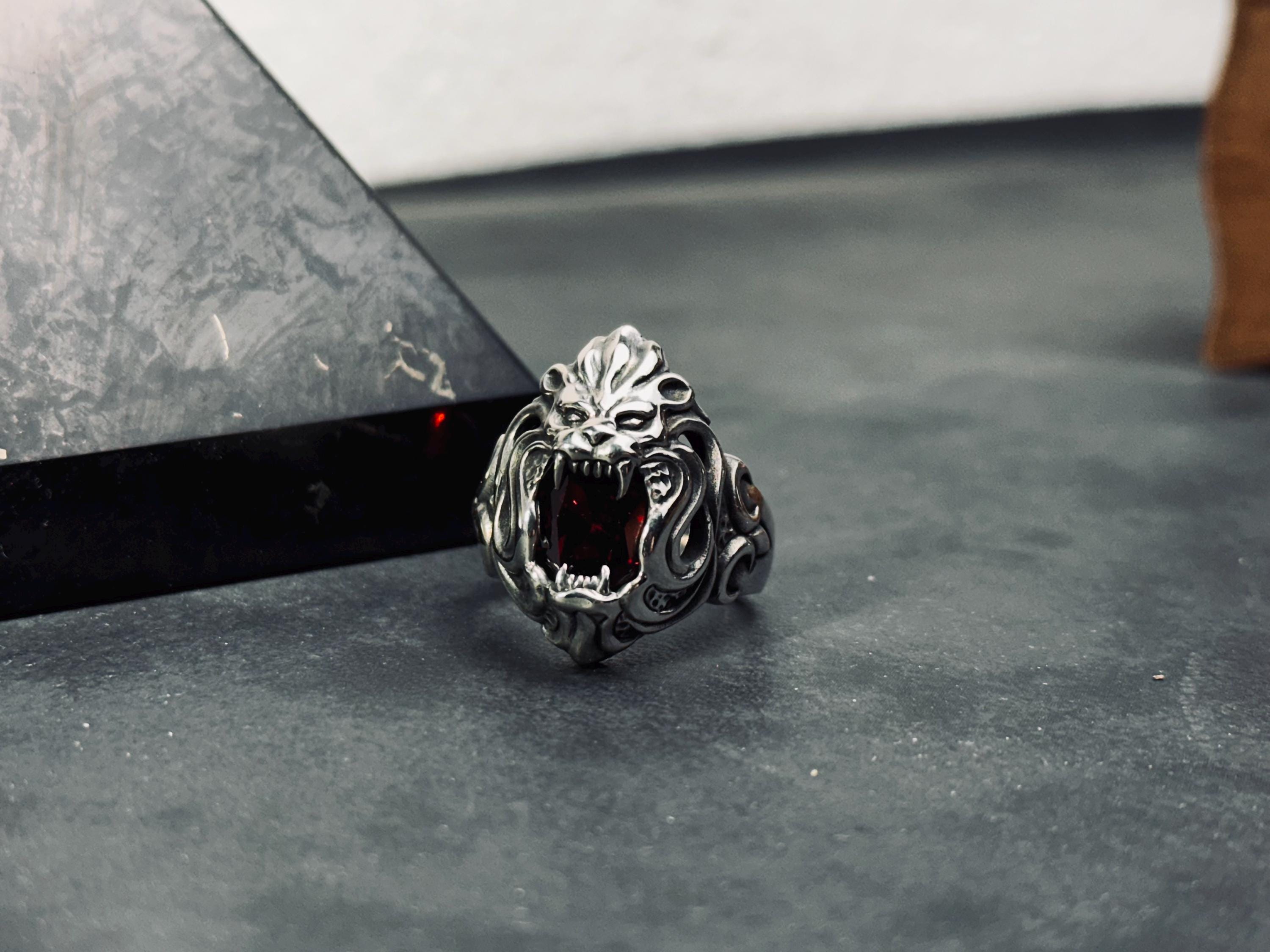 Boho Sterling Silver Lion Ring, Red Cubic Zirconia (Oxidized Finish)