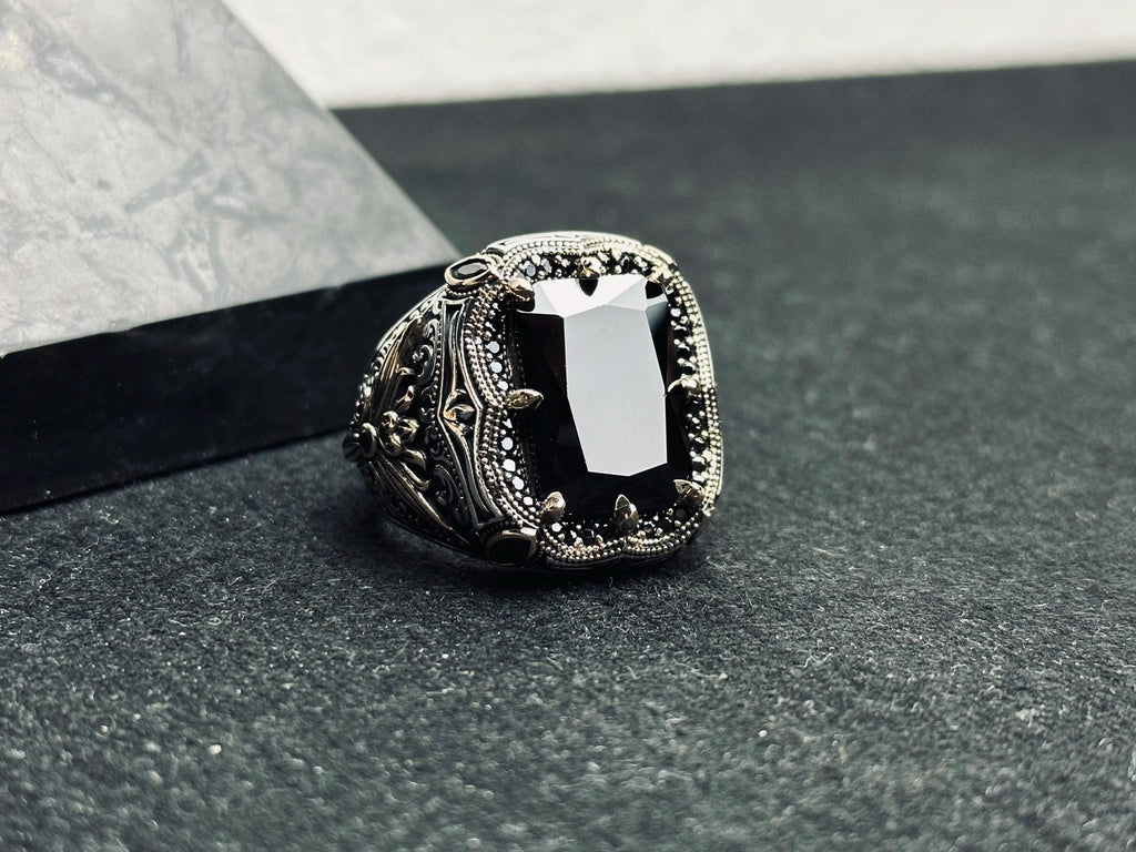 Black Zircon Men's Ring: Handmade Sterling Silver Ottoman Style
