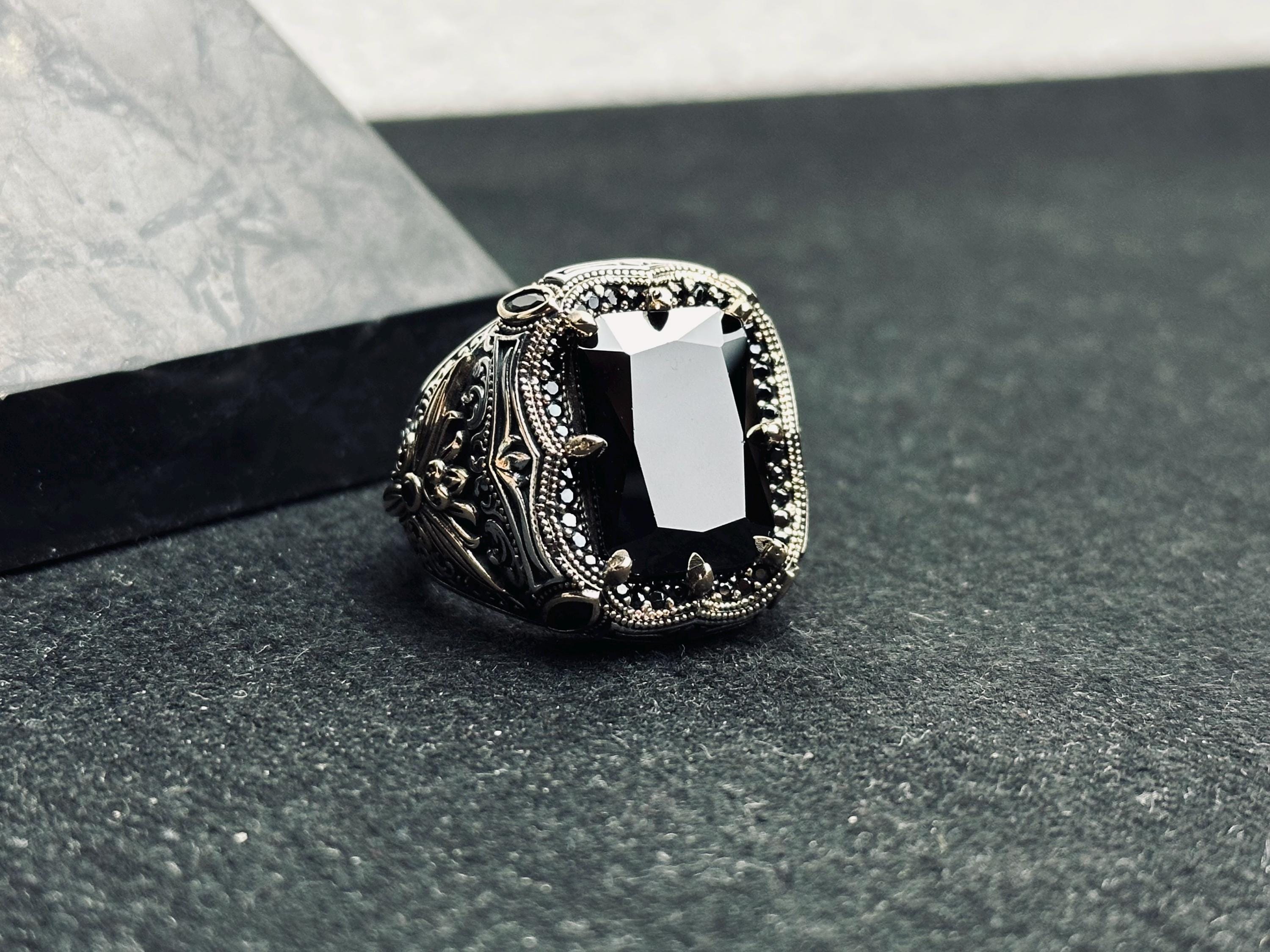 Black Zircon Men's Ring: Handmade Sterling Silver Ottoman Style