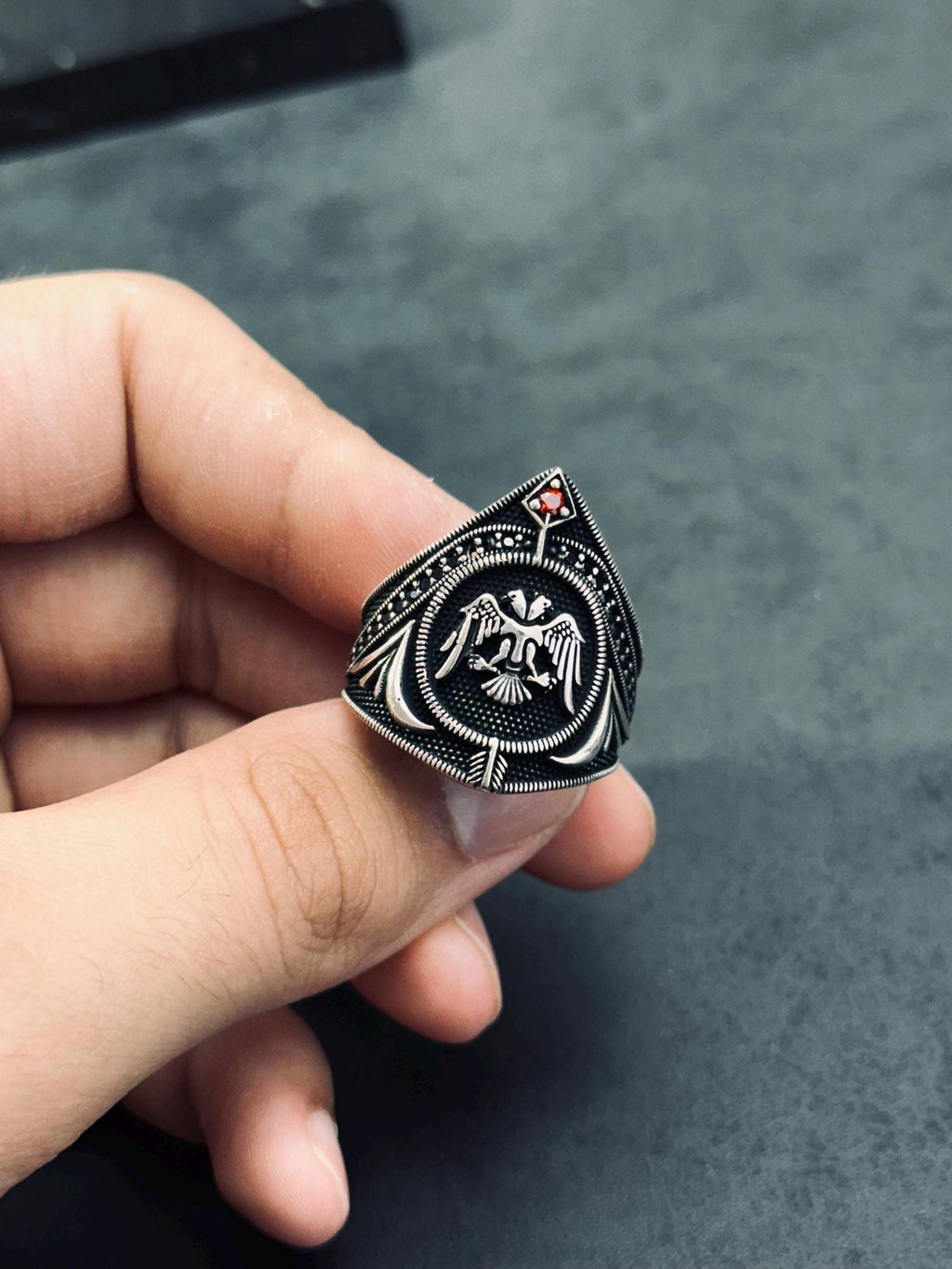 Sterling Silver Eagle Warrior Ring, Double Headed CZ (Men's Statement)