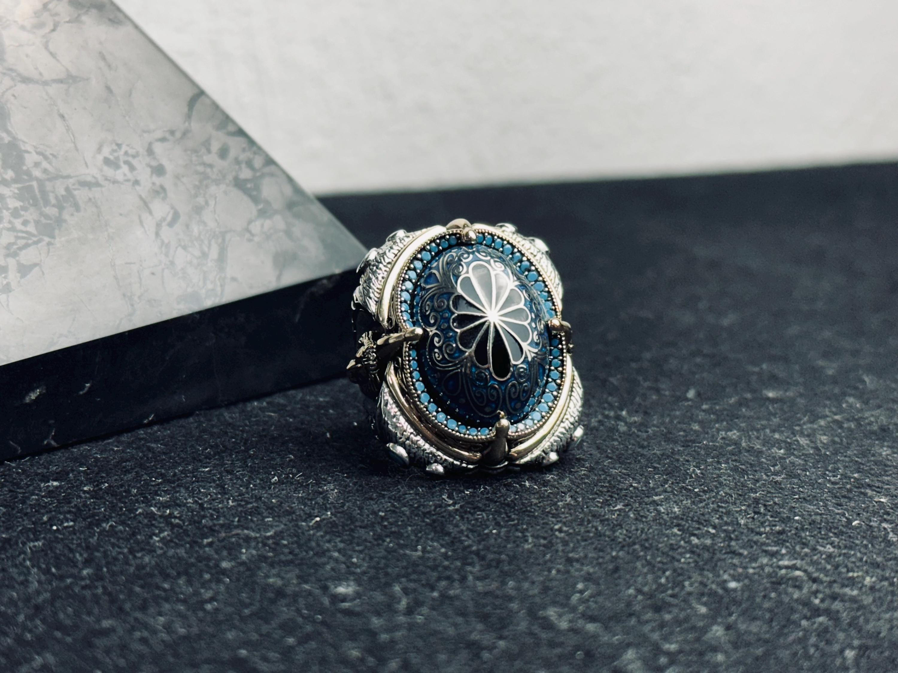 Sterling Silver Blue Stone Slice Ring, Handmade Ottoman Men Ring, Textured Signet Ring, Bold Statement Jewelry, Ramadan Gift