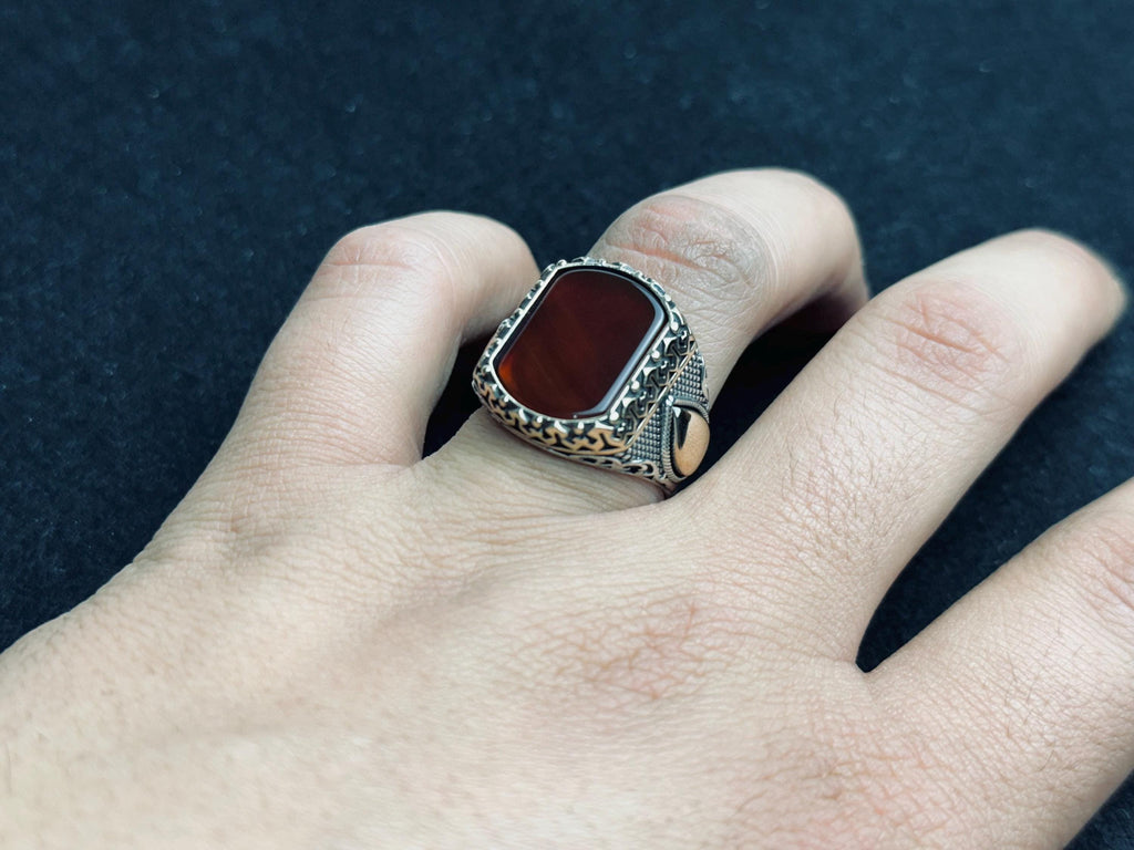 Handmade Men’s Aqeeq Ring: Square Red Stone, Sterling Silver (Artisan Jewelry)