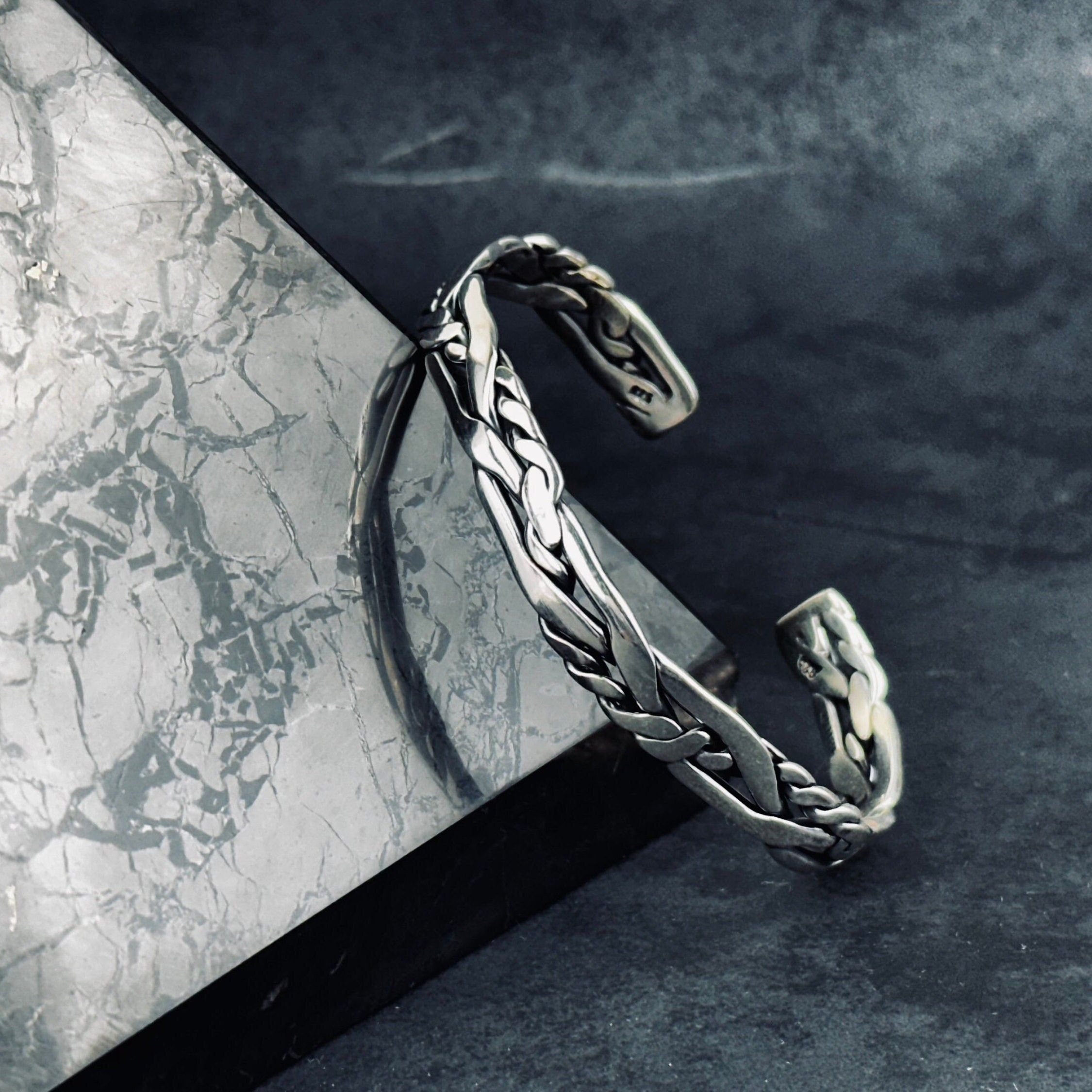Sterling Silver Cuff Bracelet: Knitted Design (Men's Handmade Jewelry)