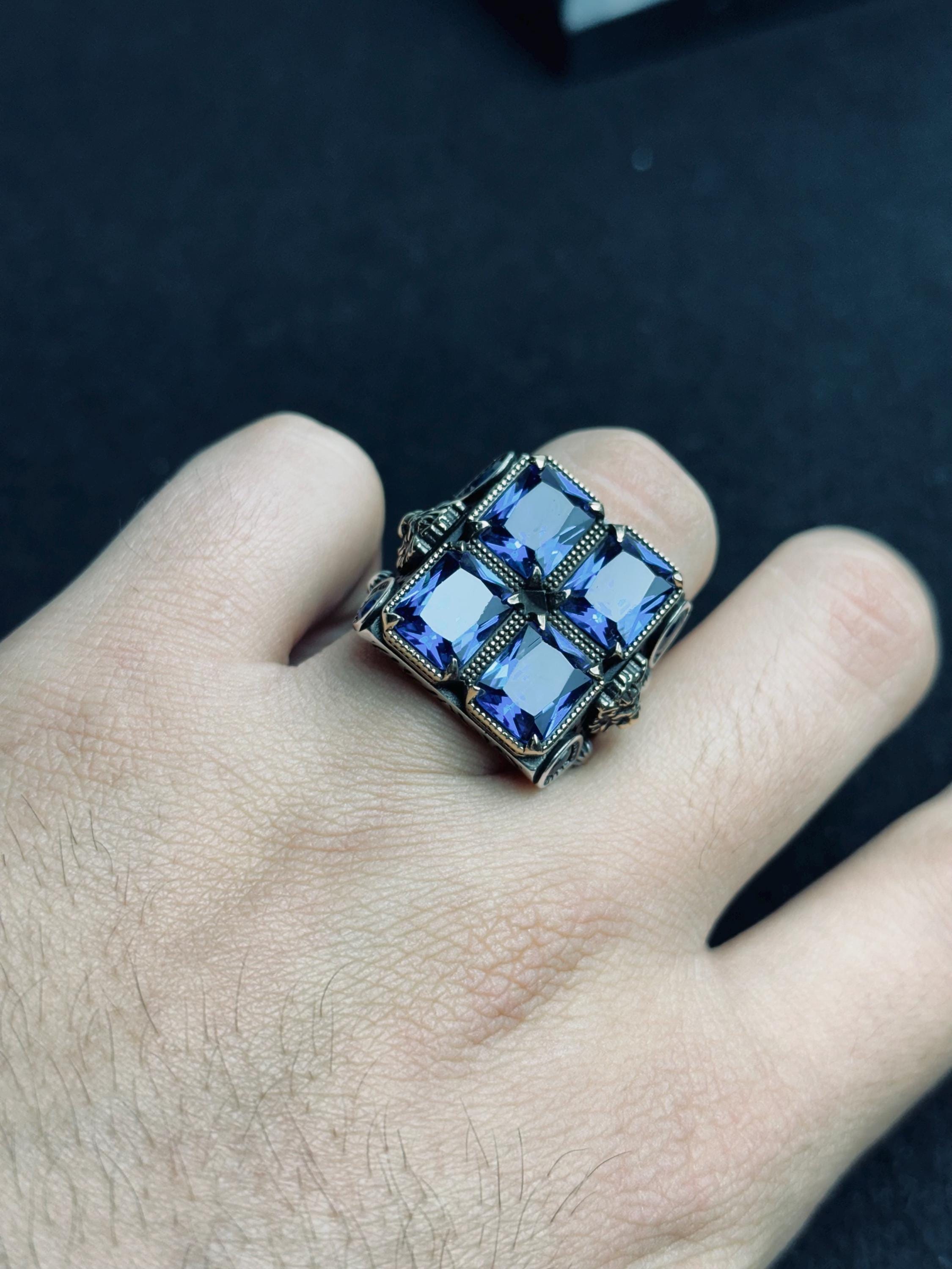 Men’s Statement Ring: Blue Zircon Stones - Handmade Sterling Silver