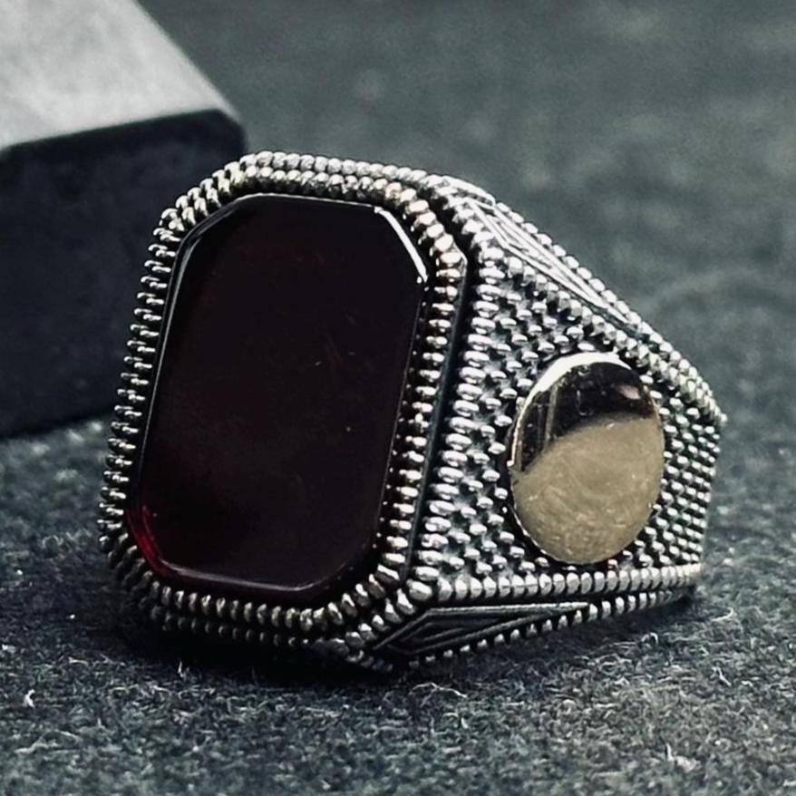 Red Aqeeq Men's Ring - Square Agate, Handmade Silver