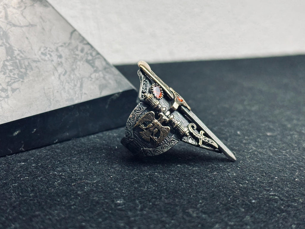 Sterling Silver Gothic Dagger Ring, Red Stone Sword Ring, Medieval Fantasy Jewelry, Dark Aesthetic Statement Ring, Unique Gift
