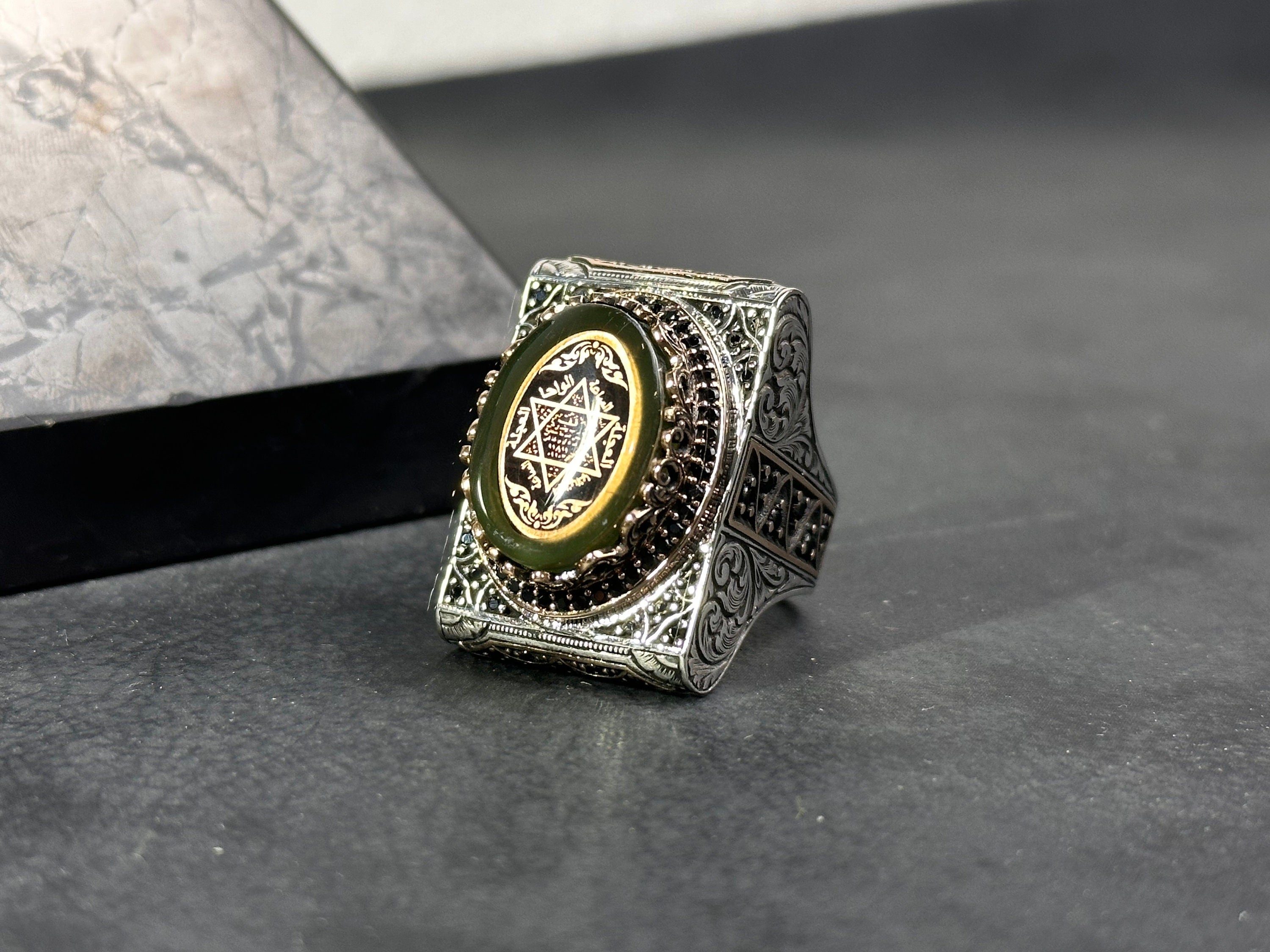 Solomon Seal Ring: Green Amber in Sterling Silver (Handmade Gift Box)
