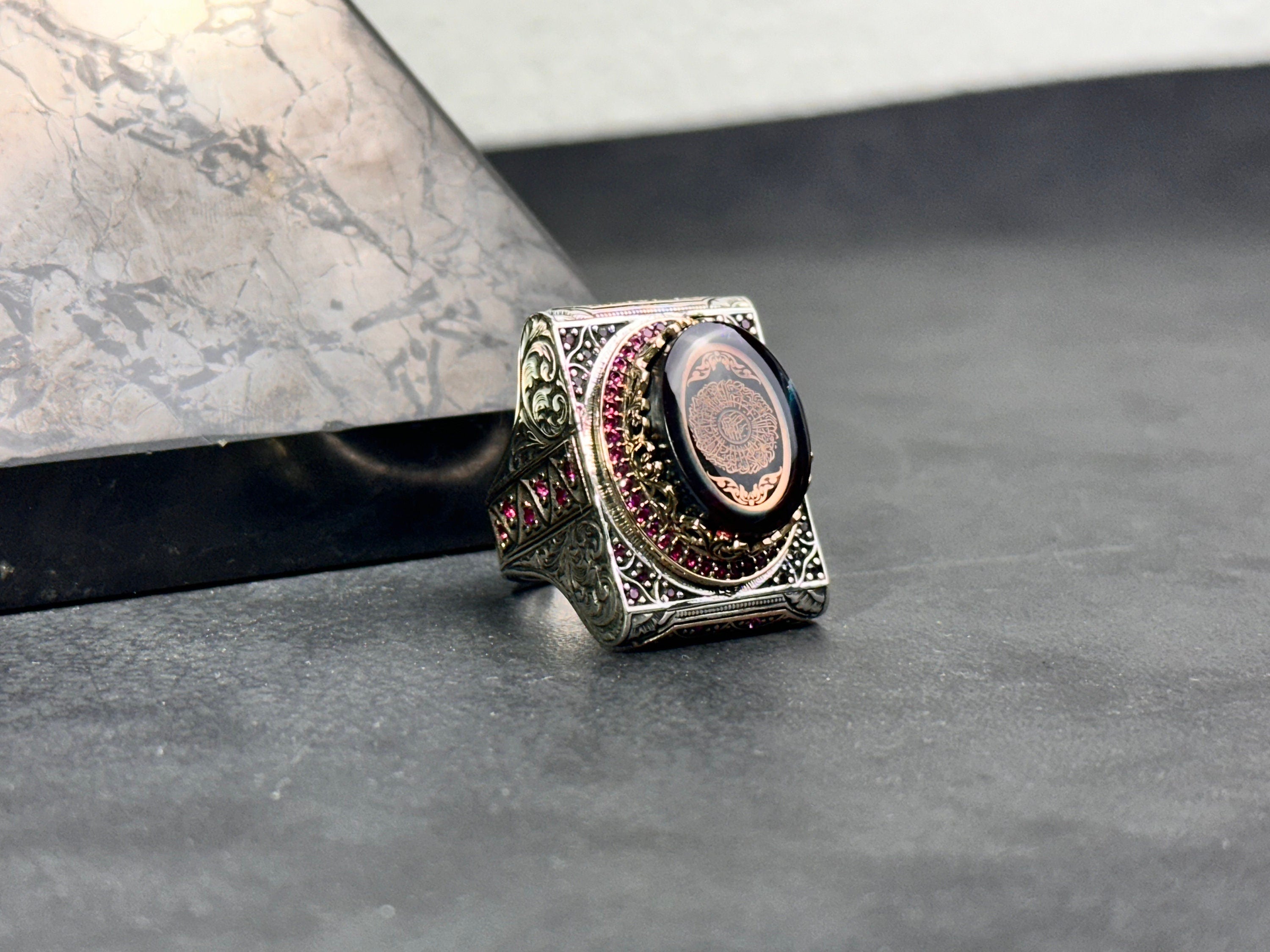 Sterling Silver Amber Ring - Handmade Arabic Inshirah Statement