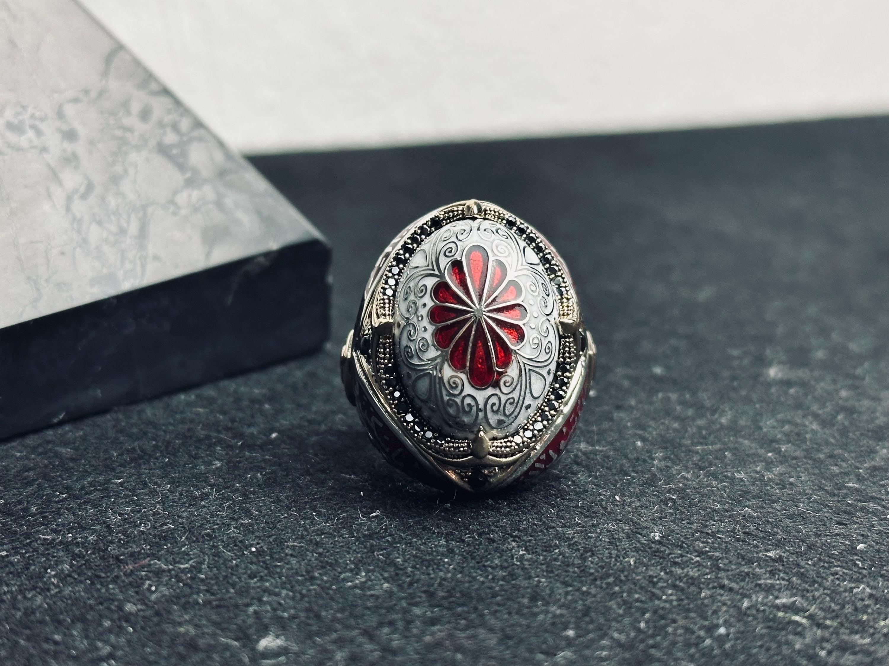 Red Enamel Islamic Ring, 925 Sterling Silver Arabic Calligraphy
