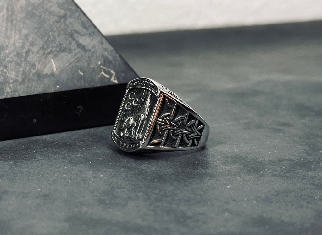 Wolf and Moon Ring: Sterling Silver Handmade - Celestial Detail