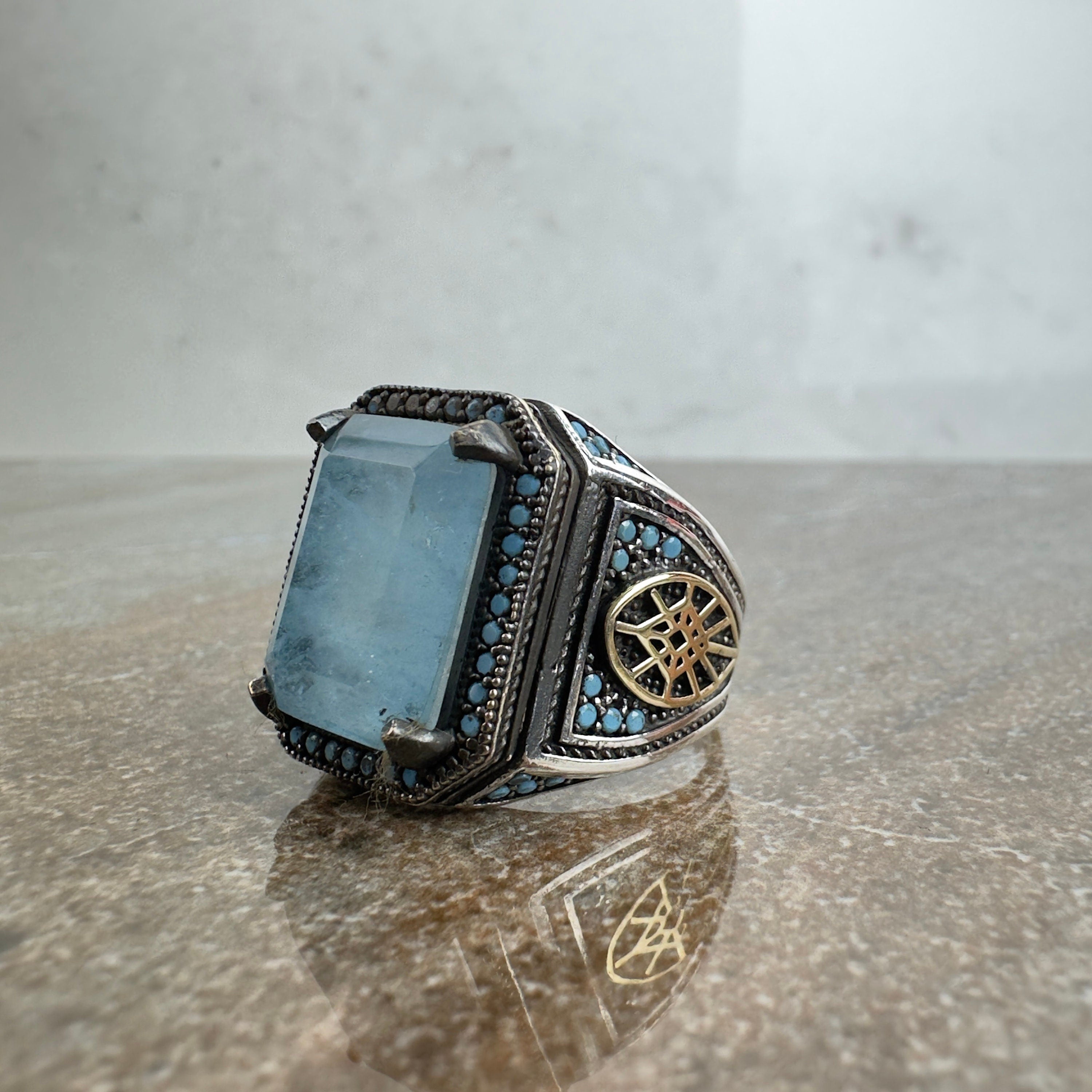 Aquamarine Sterling Silver Ring - Handmade Men's Statement Jewelry