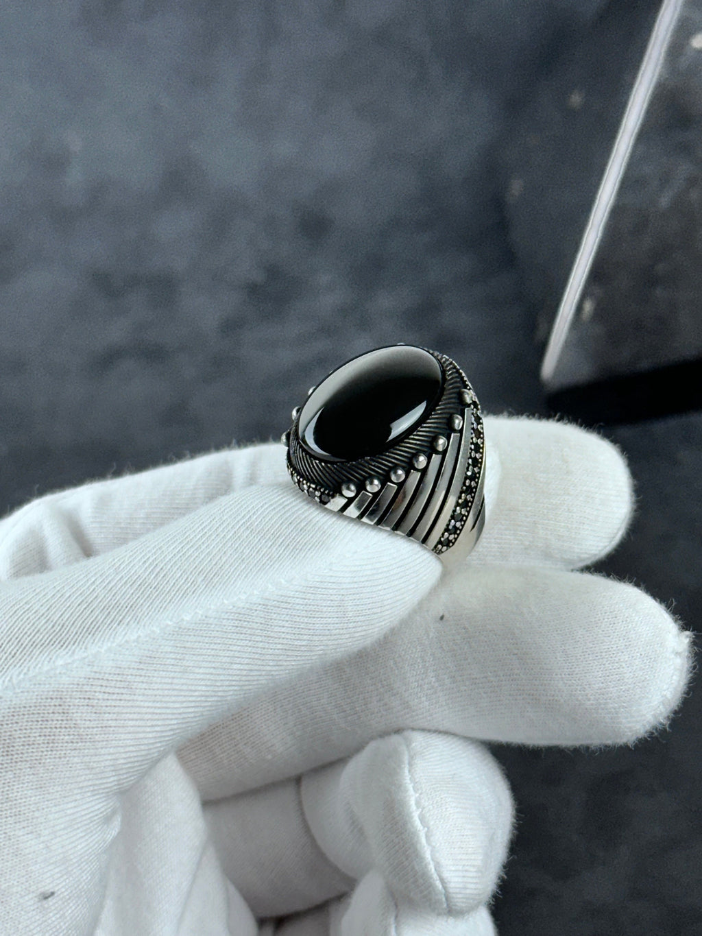 Onyx Ring: Sterling Silver Statement Jewelry (Nebula Cut Stone)