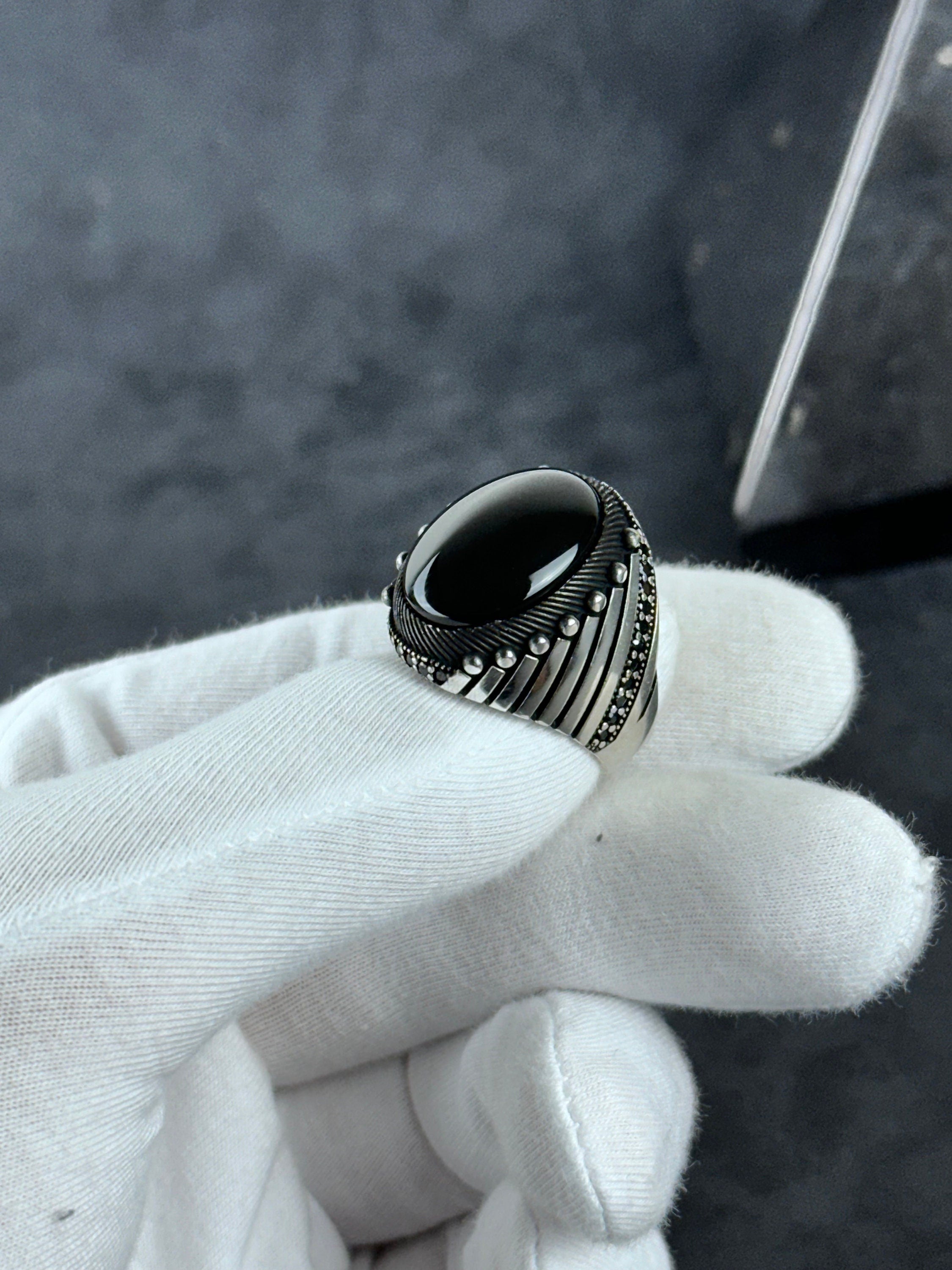 Onyx Ring: Sterling Silver Statement Jewelry (Nebula Cut Stone)