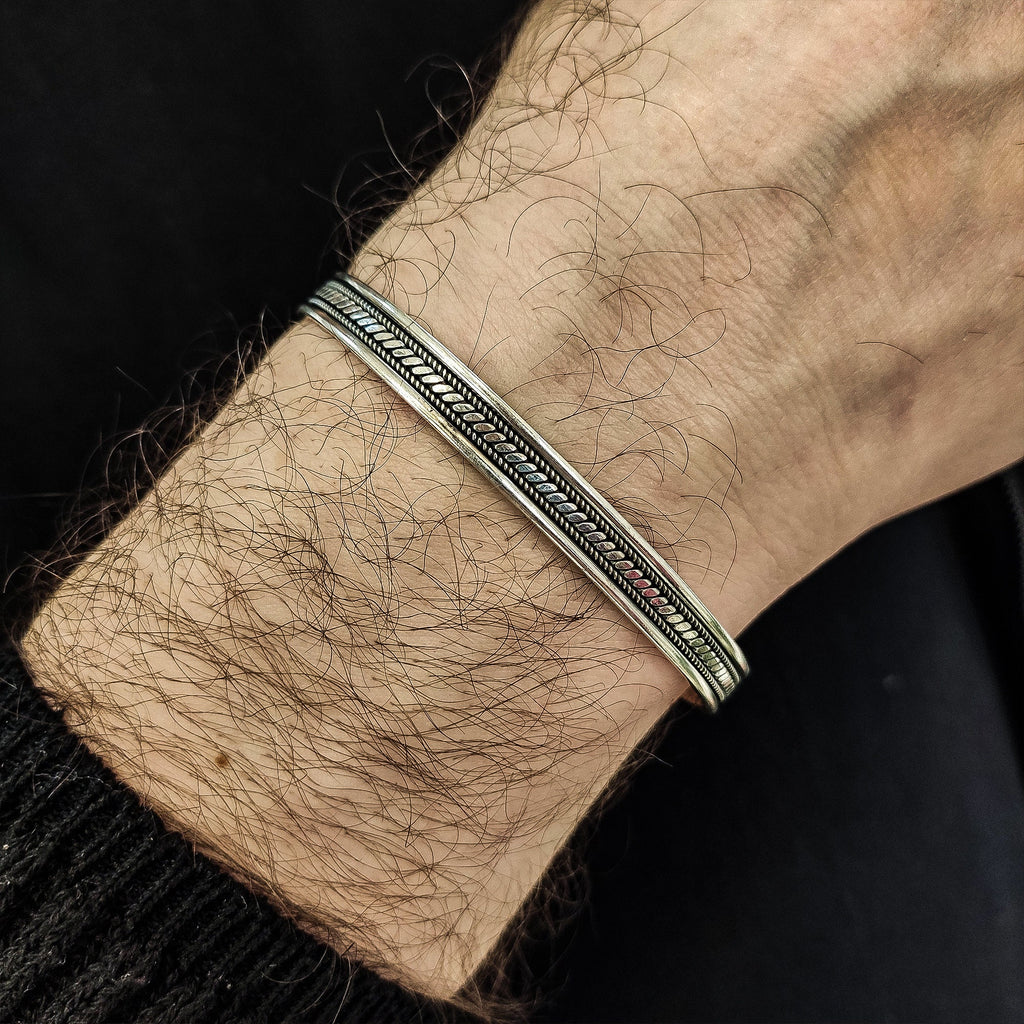Engraved Sterling Silver Bracelet - Handmade Arabic Cuff Design