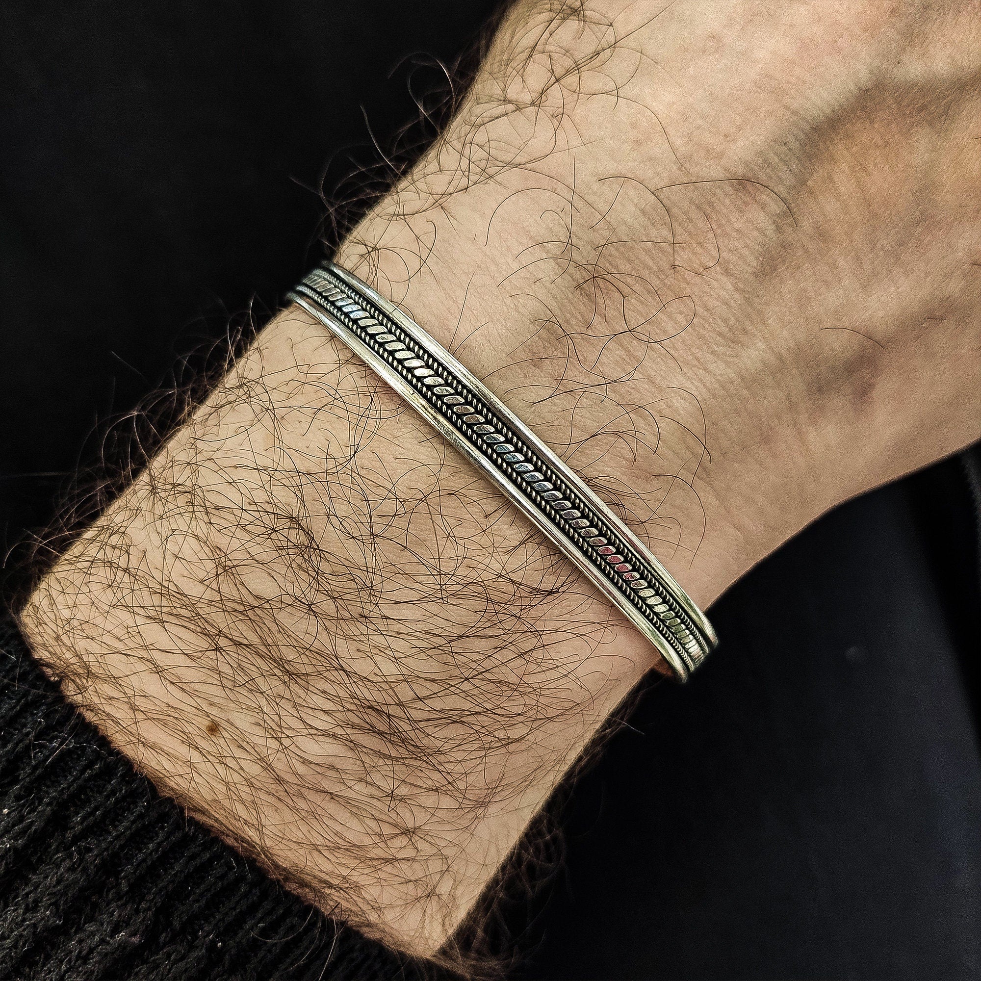 Engraved Sterling Silver Bracelet - Handmade Arabic Cuff Design