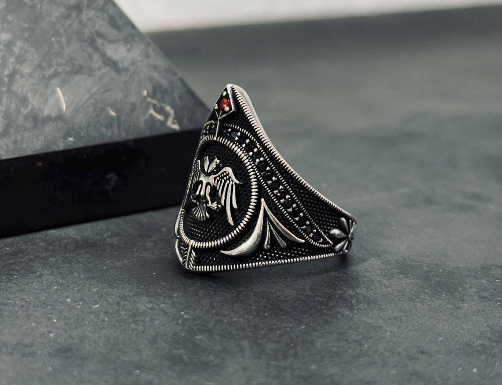 Sterling Silver Eagle Warrior Ring, Double Headed CZ (Men's Statement)