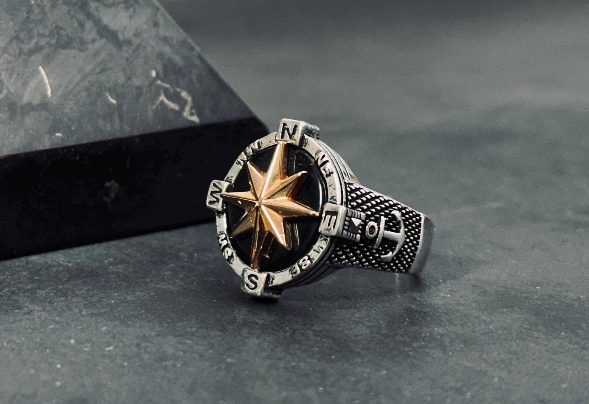 Unisex Sterling Silver Compass Ring, North Star (Handmade)