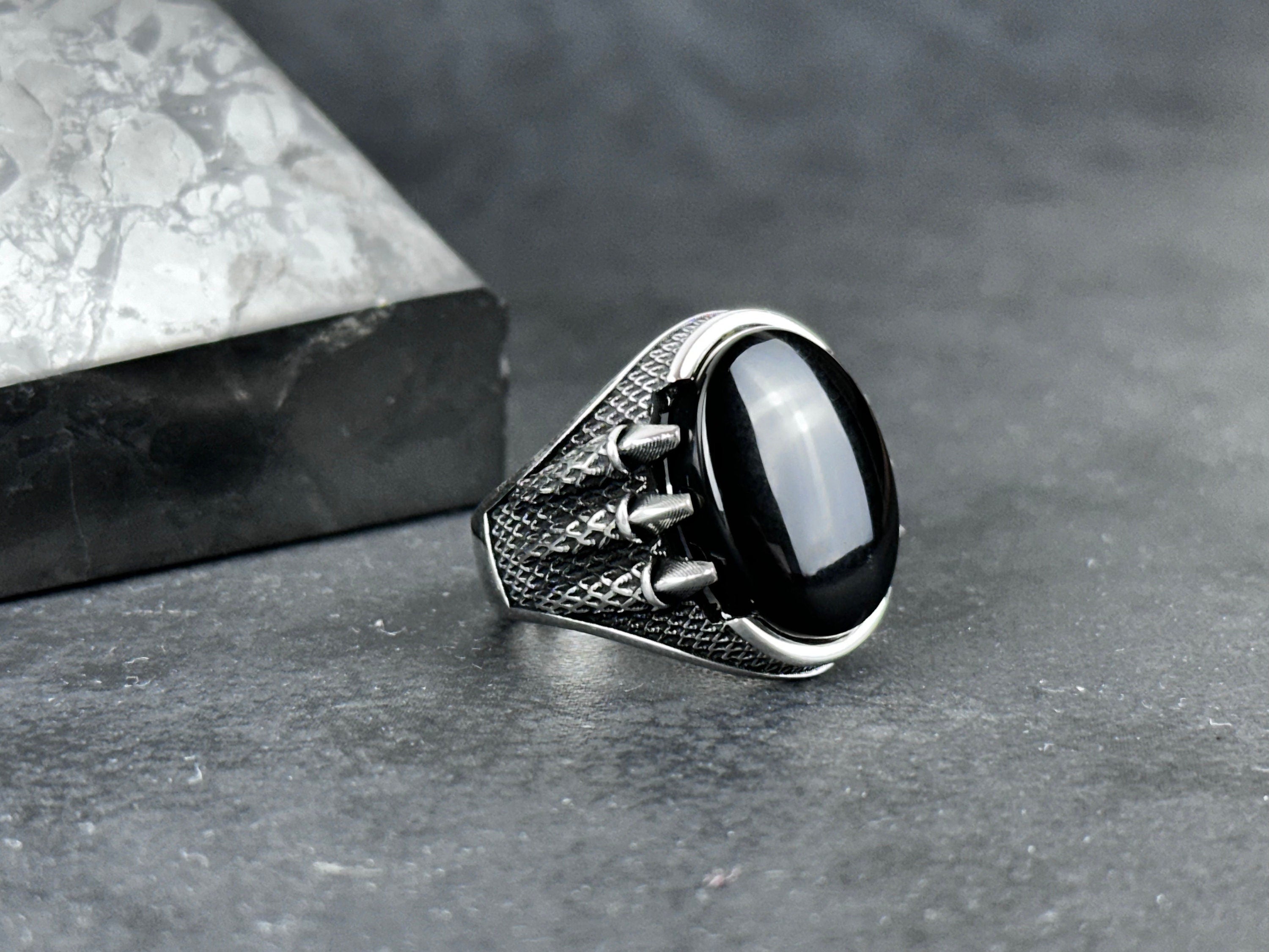 Onyx Gemstone Silver Ring, Artisan Claw Set (Men's Statement)
