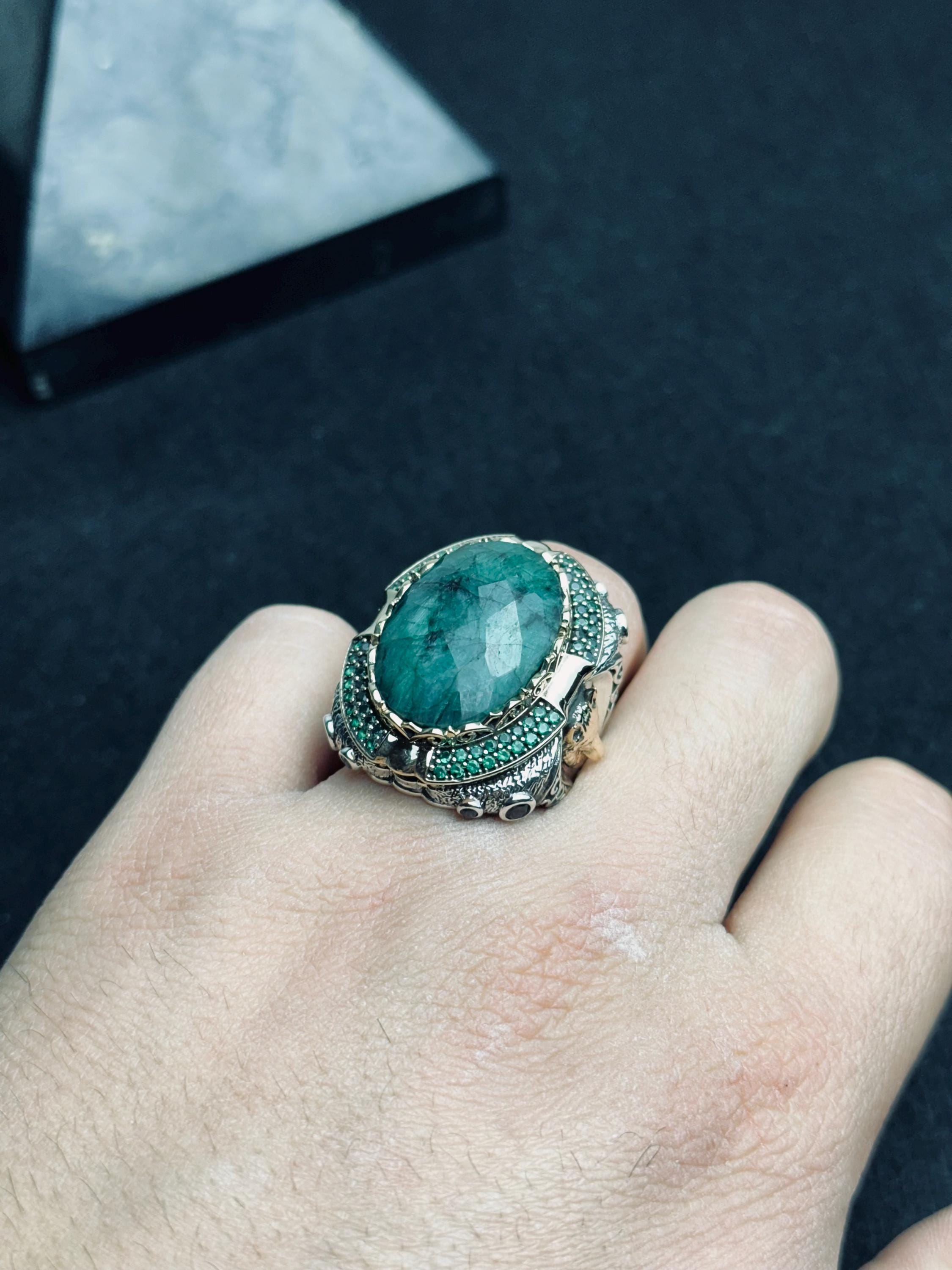 Emerald Lion Silver Ring - Large Handmade Sterling Statement