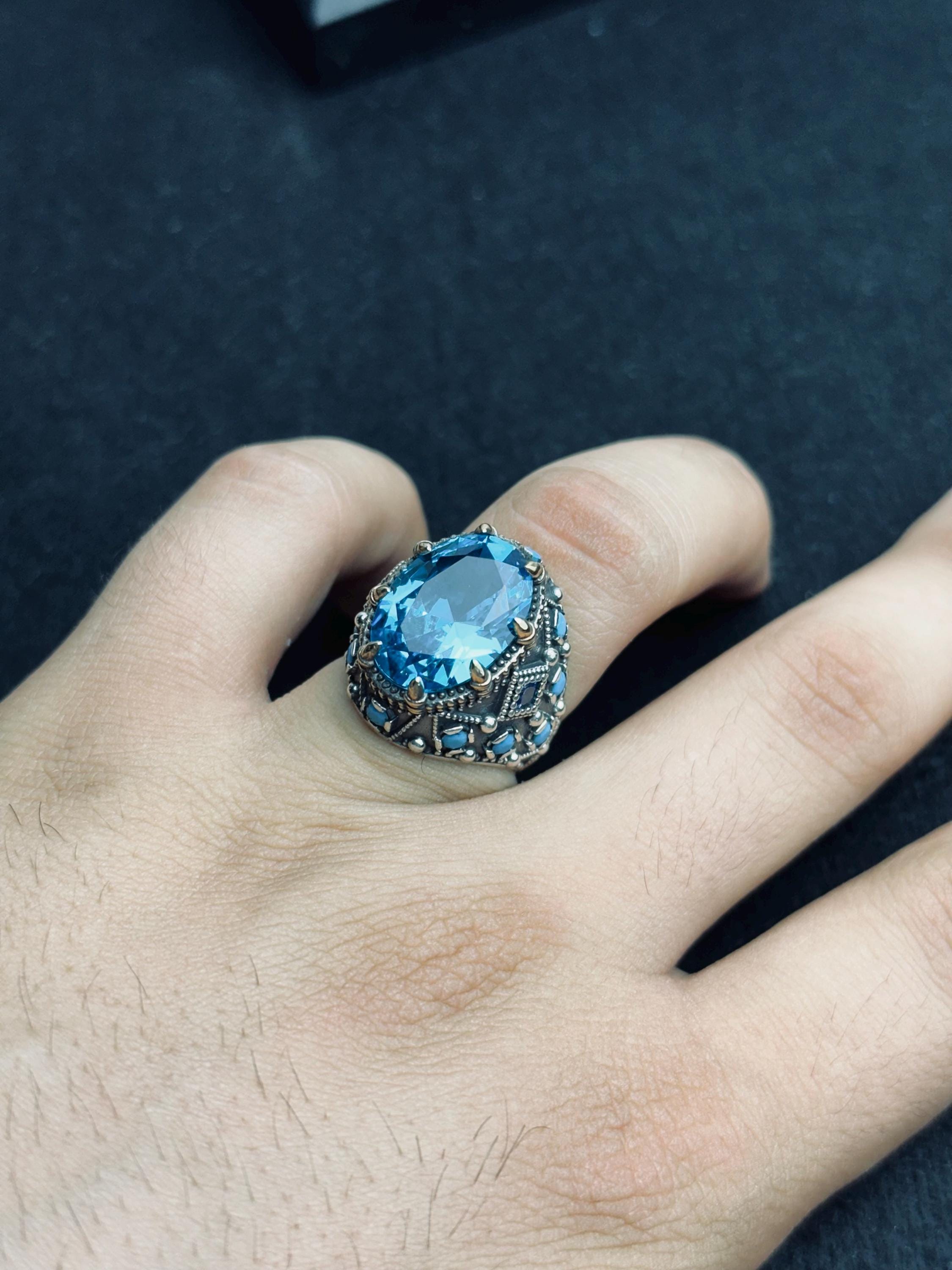 Men's Aquamarine Ring: Handmade Turkish Silver - March Birthstone