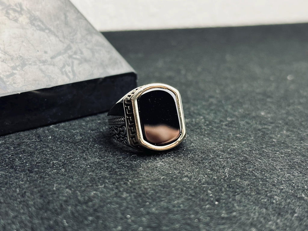 Ottoman Black Onyx Ring: Crescent Star, 925 Sterling Silver