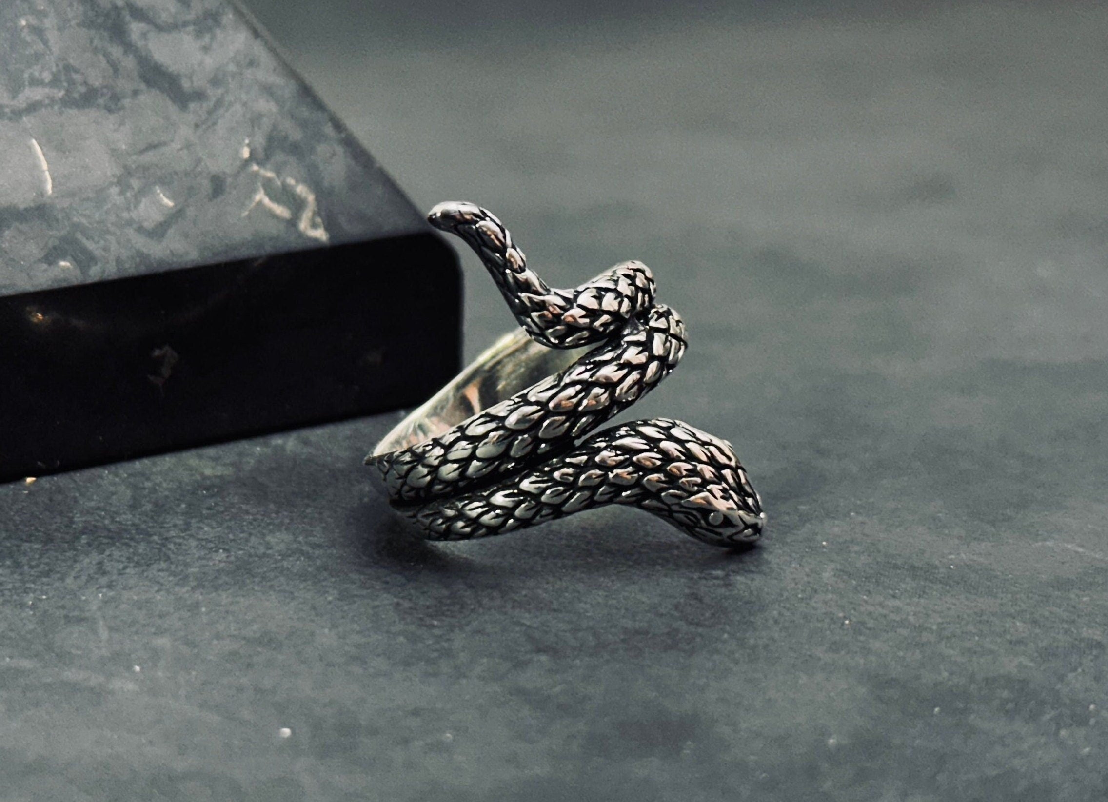 Sterling Silver Snake Ring, Oxidized Finish (Adjustable, Handmade)