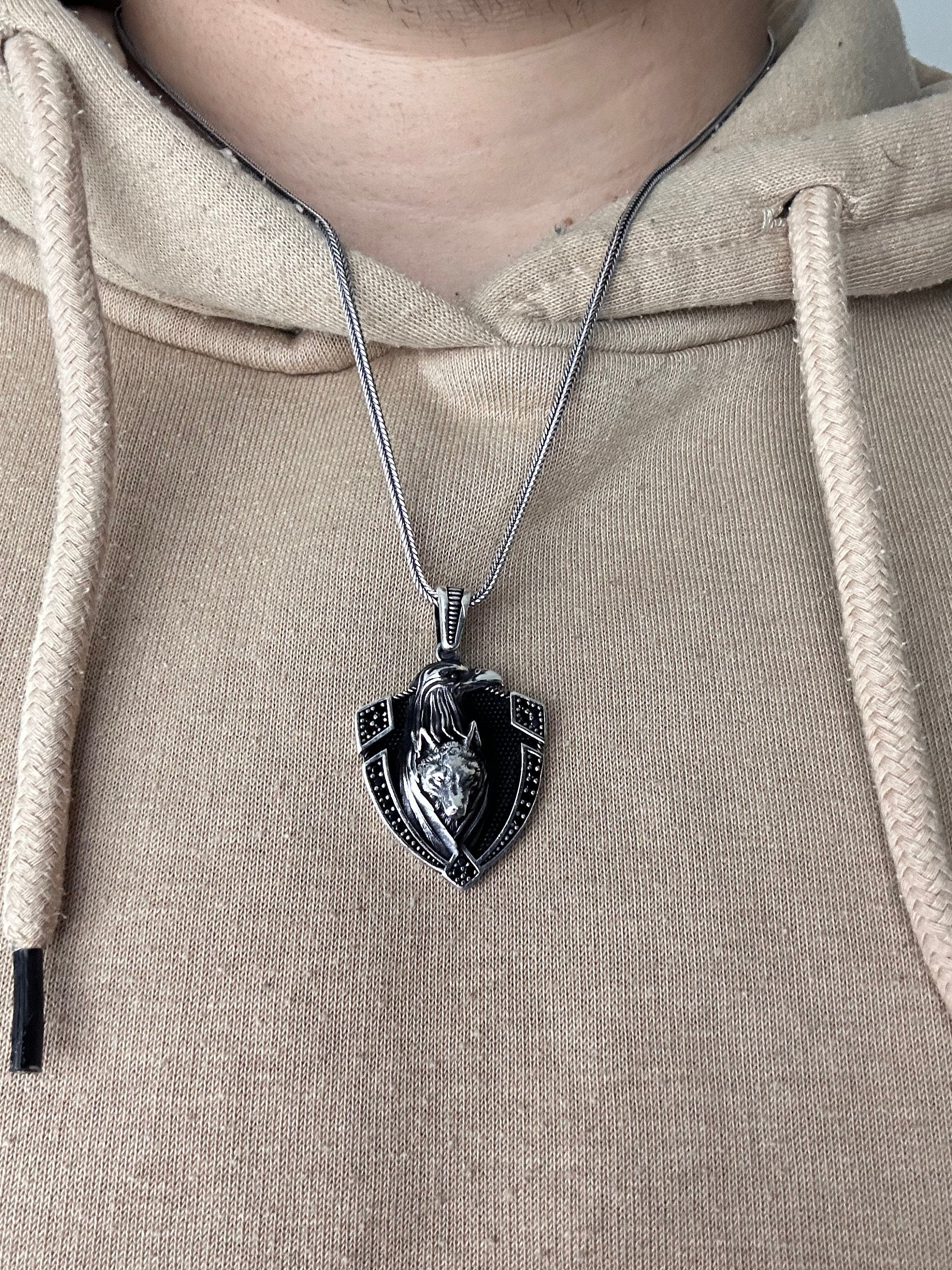 Wolf Head Shield Necklace: Sterling Silver Layered Pendant