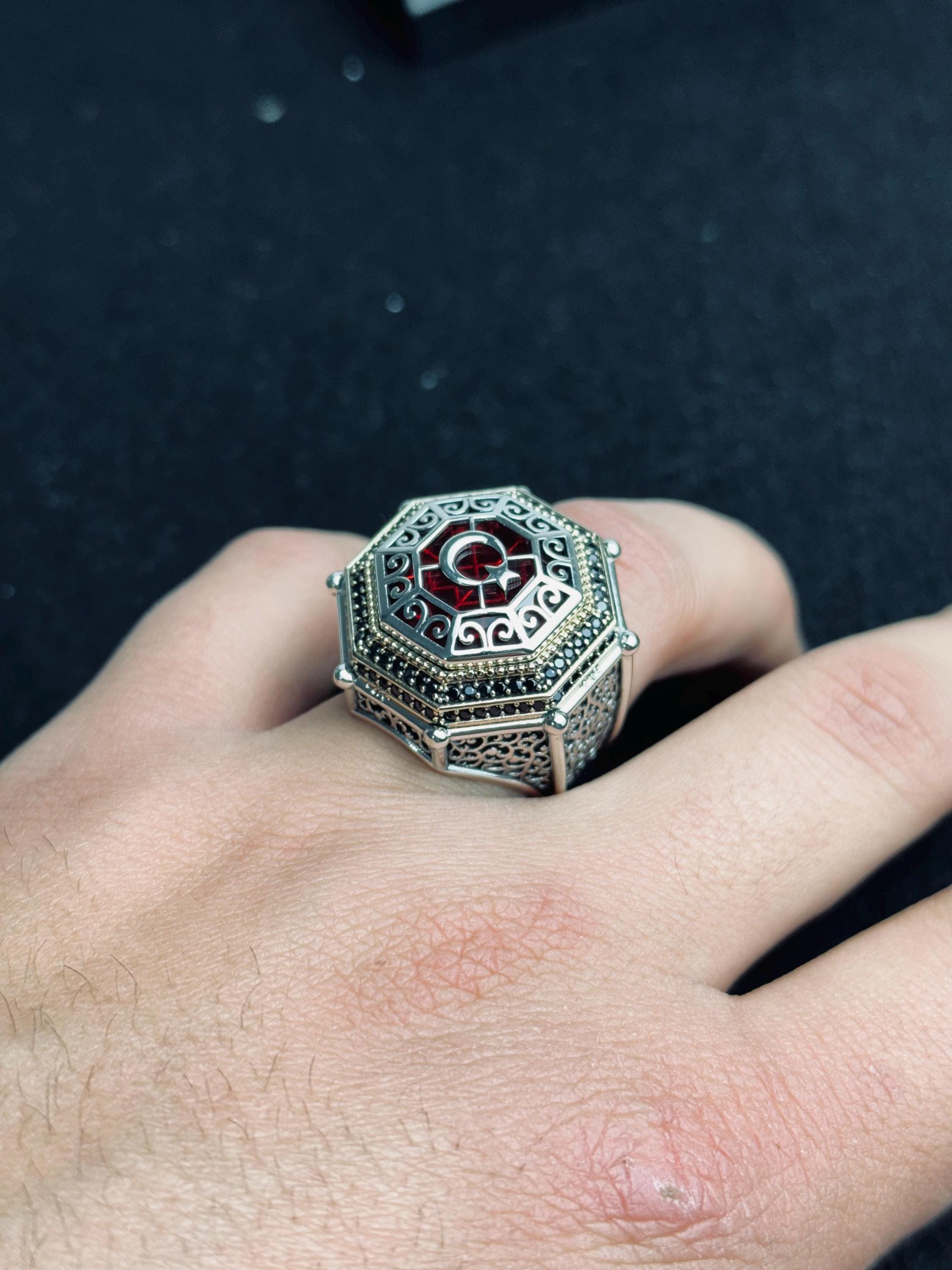 Red Stone Moon Star Ring, 925 Sterling Silver, Turkish Handmade Jewelry