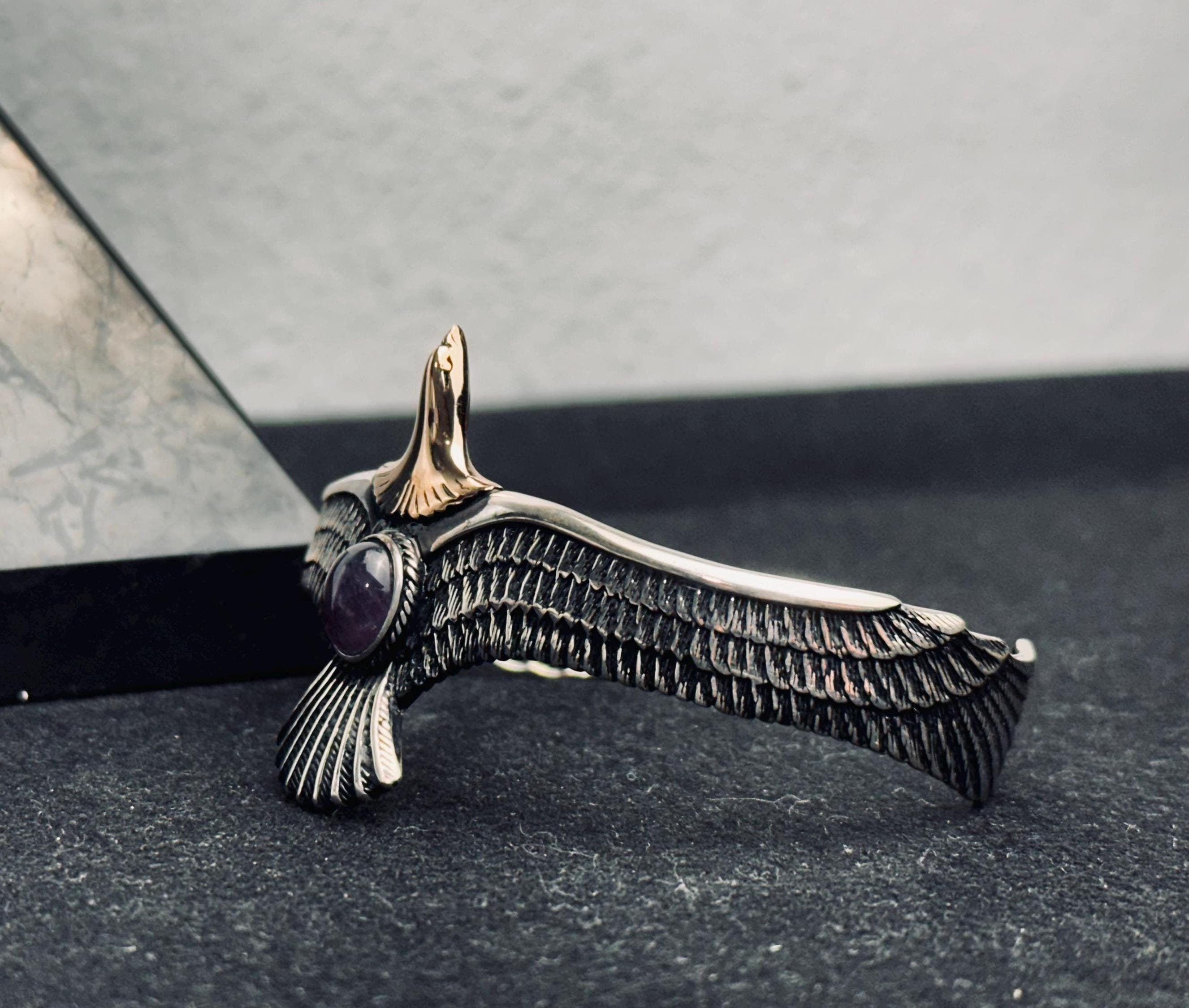 Eagle Amethyst Bracelet: Sterling Silver Cuff (Adjustable, Handmade)