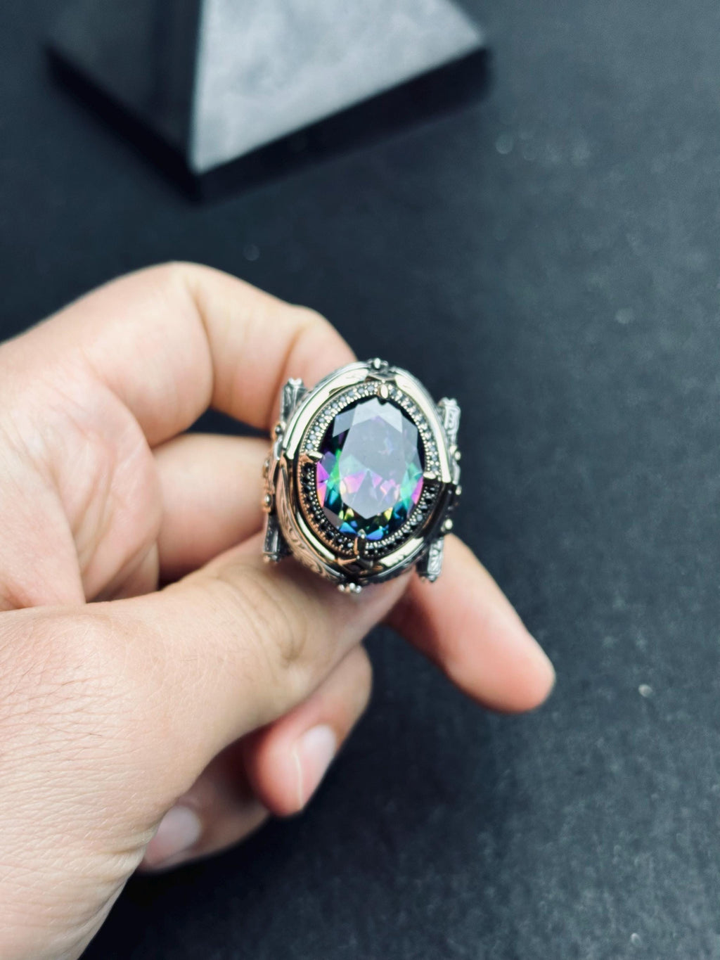 Men's Mystic Topaz Ring: Bold Silver Statement - Handmade in Turkey