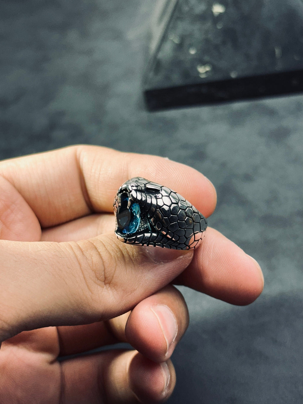 Snake Ring: Sterling Silver with Blue CZ Stone (Engraved Style)