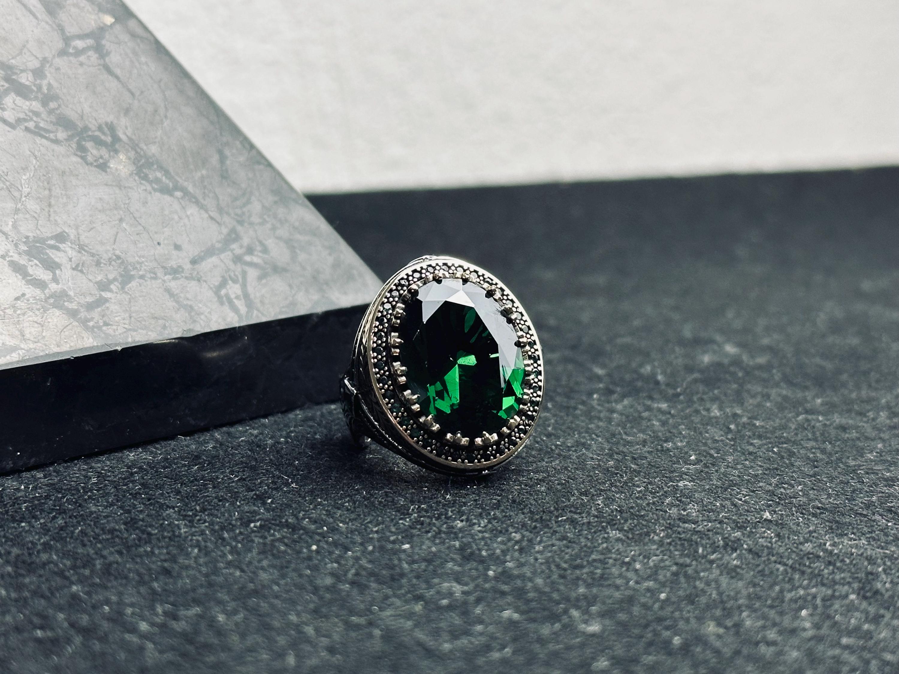 Emerald Statement Ring: Colombian Stone Men's Jewelry (Sterling Silver)
