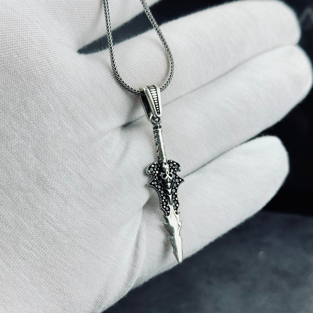 Silver Skull Sword Necklace - Mystic Gothic Gemstone Pendant