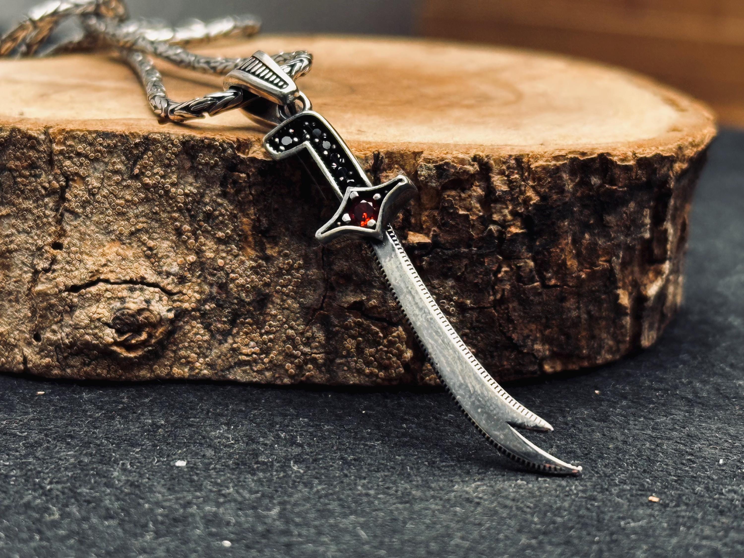 Silver Zulfiqar Sword Necklace: Islamic Design (Handmade, Zircon Accent)
