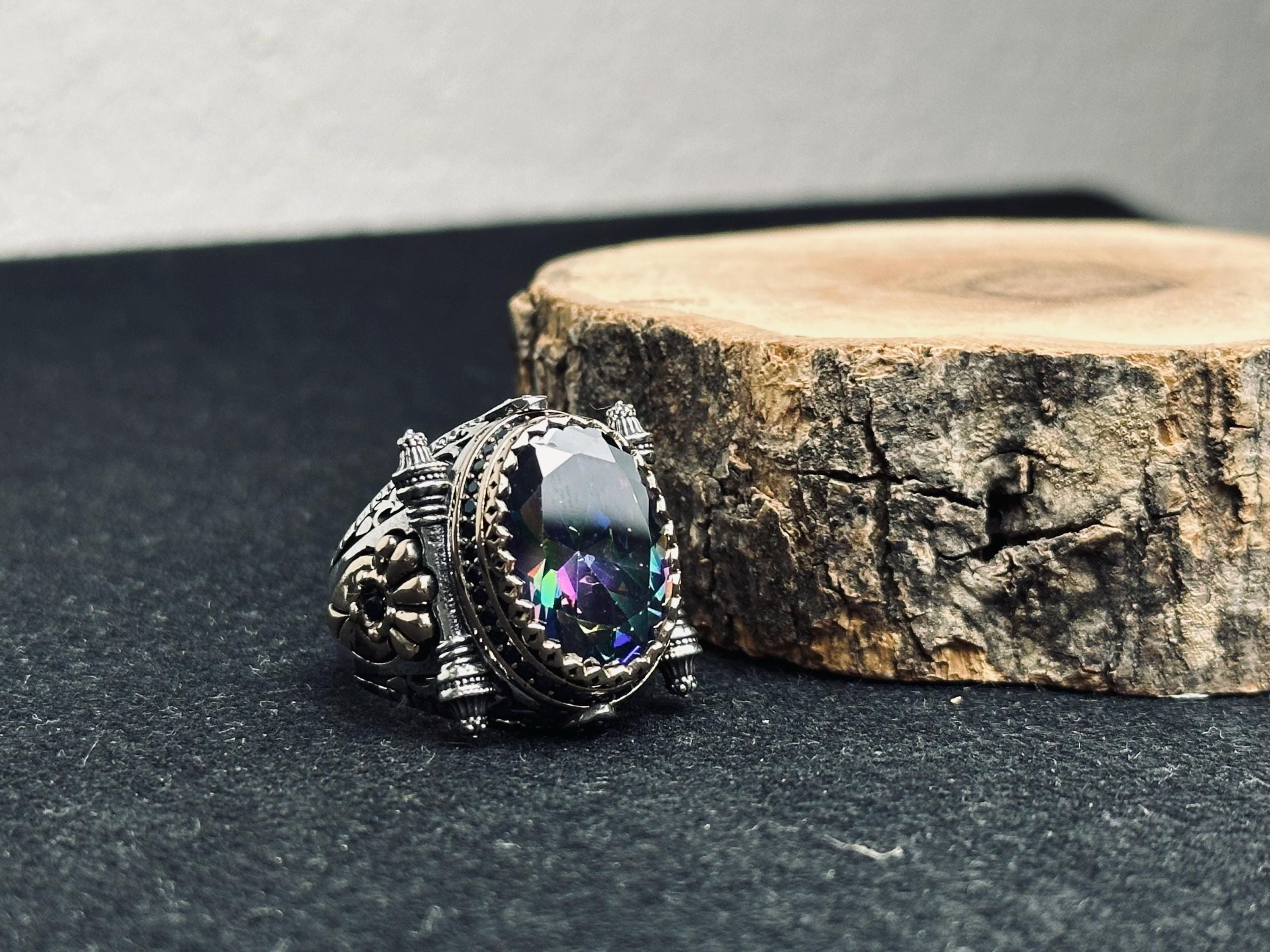 Mystic Topaz Men's Ring - Square Stone, Turkish Handmade Silver