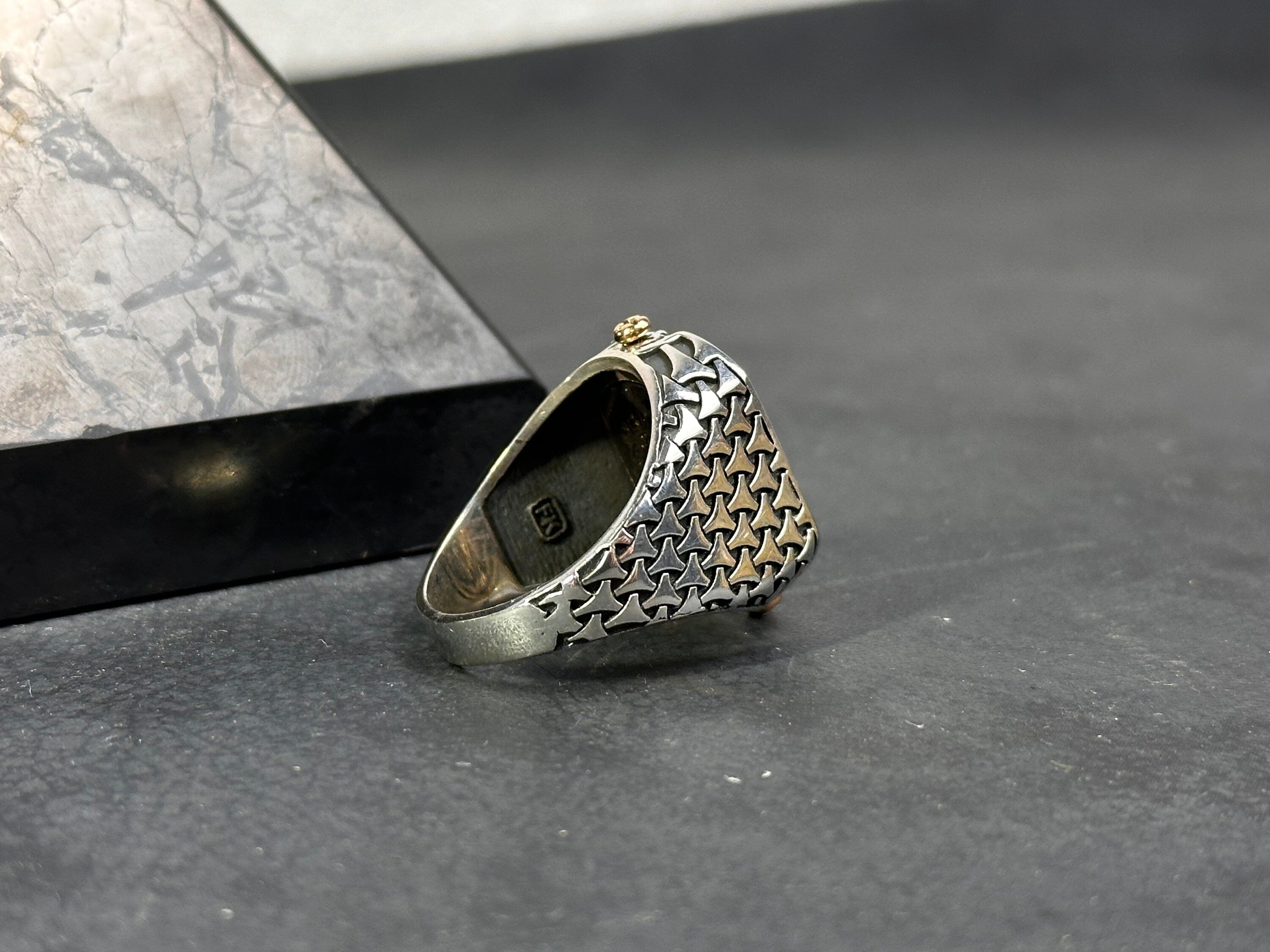 Aqeeq Ring: Green Agate Stone, Double Side Design (Sterling Silver)