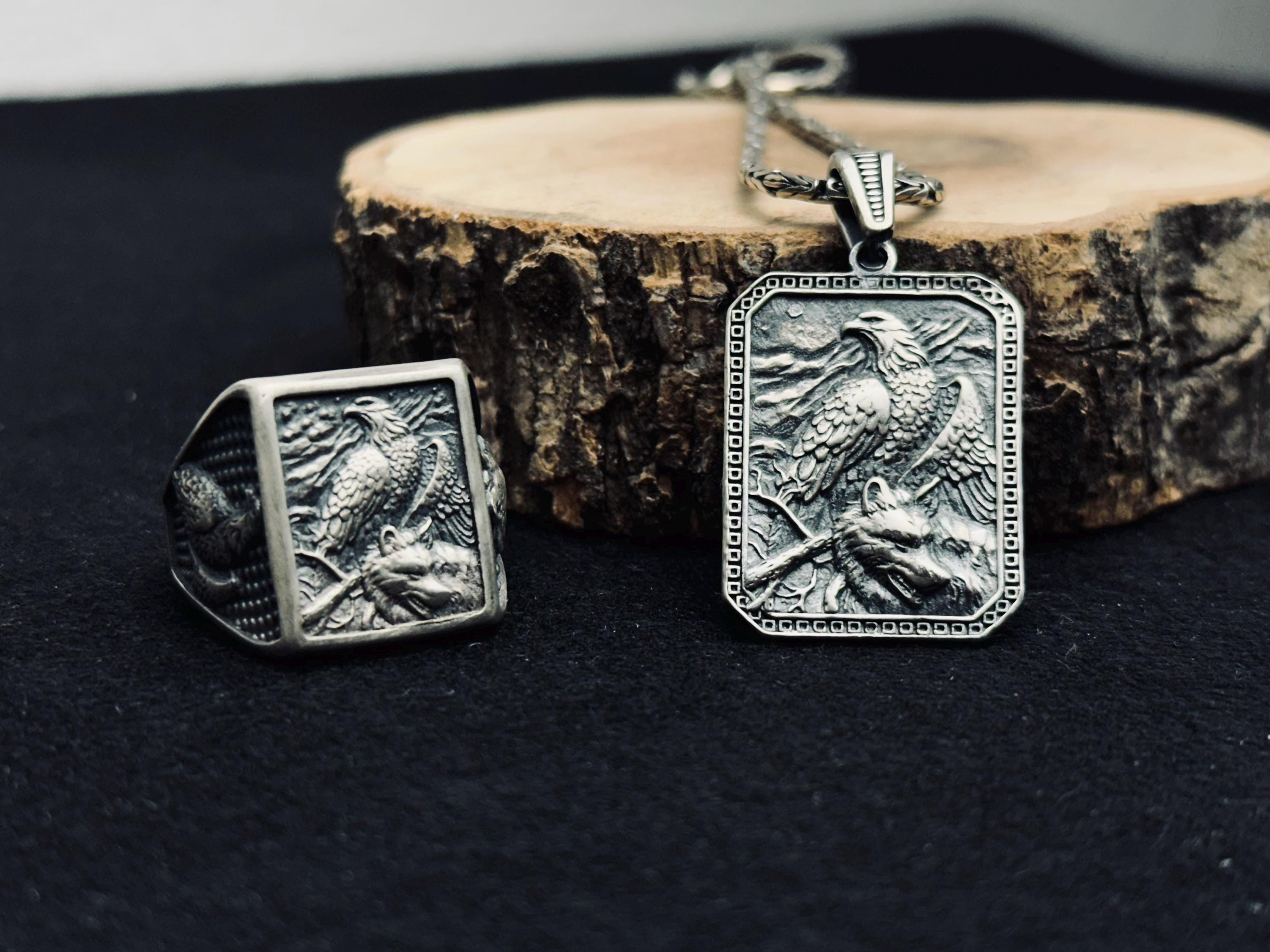 Sterling Silver Eagle Jewelry Set: Handmade Necklace and Ring