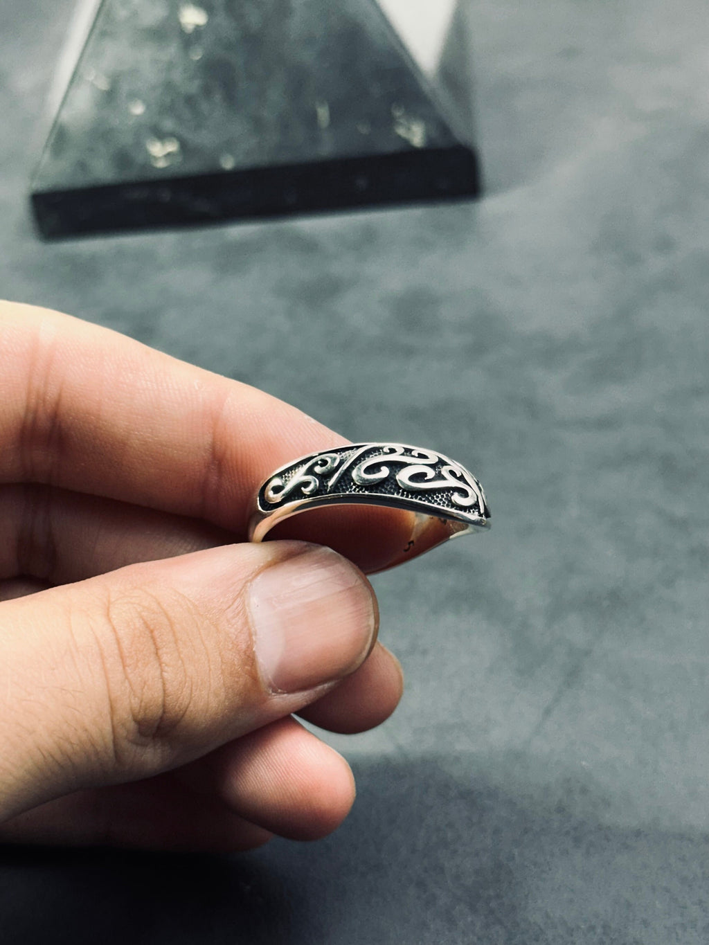 Engraved Silver Thumb Ring - Handmade Compass Design