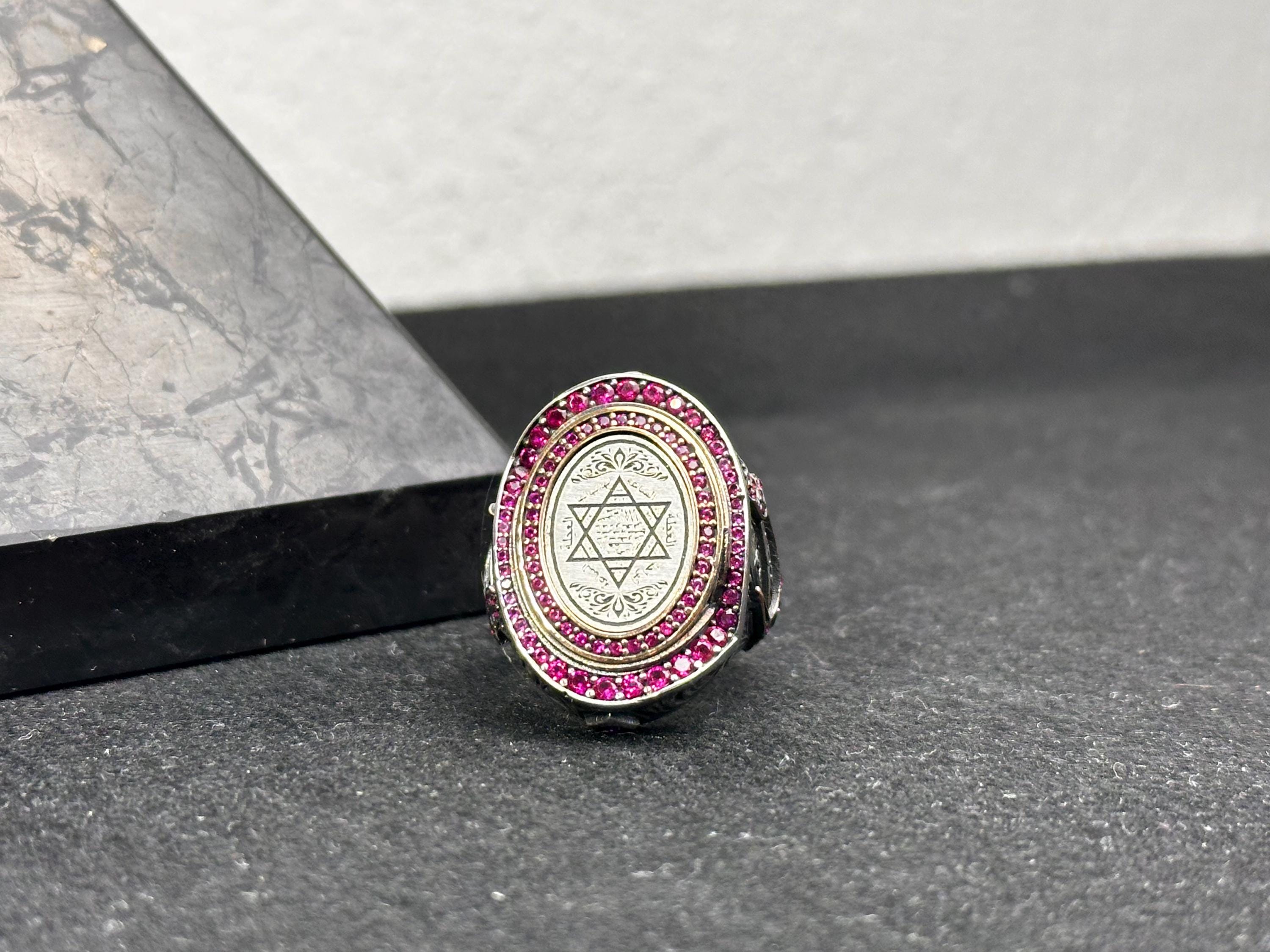Seal of Solomon Ring: Arabic Calligraphy - Sterling Silver, Pink CZ