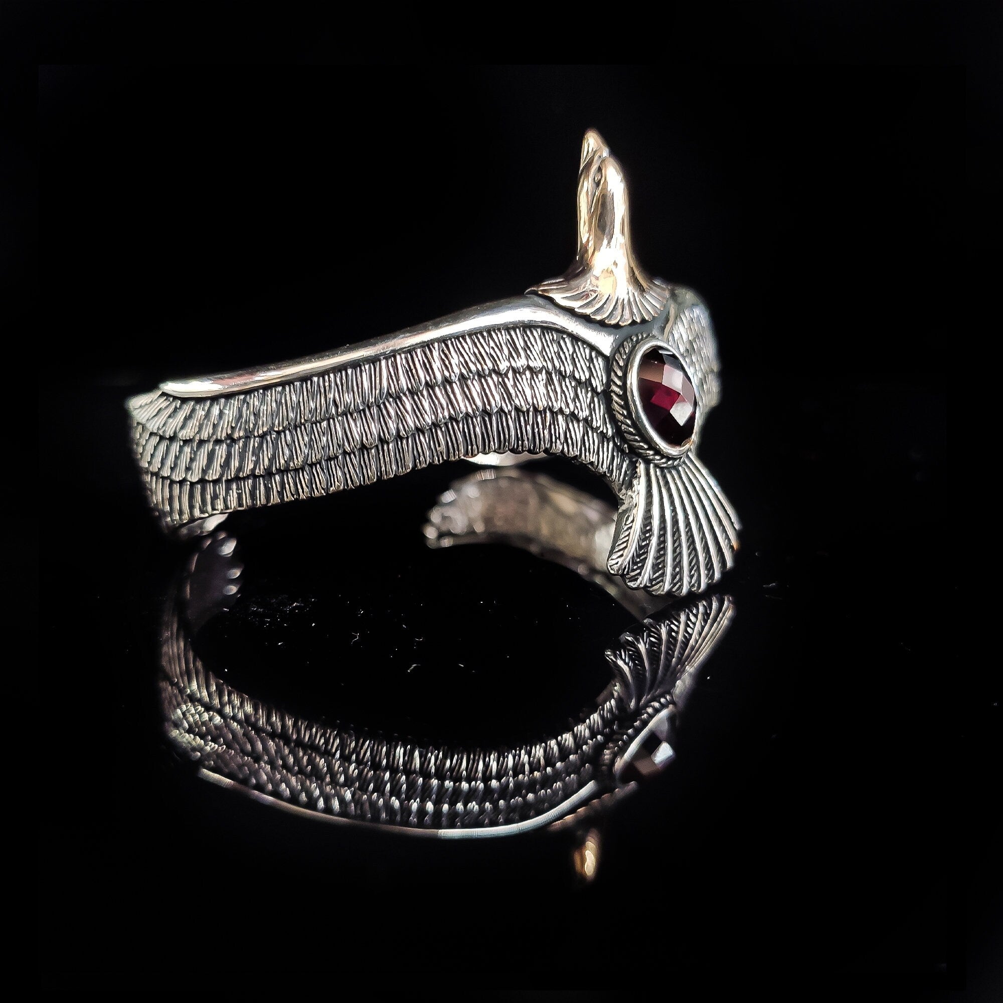 Eagle Bracelet: Red Zircon Sterling Silver Cuff (Handmade)